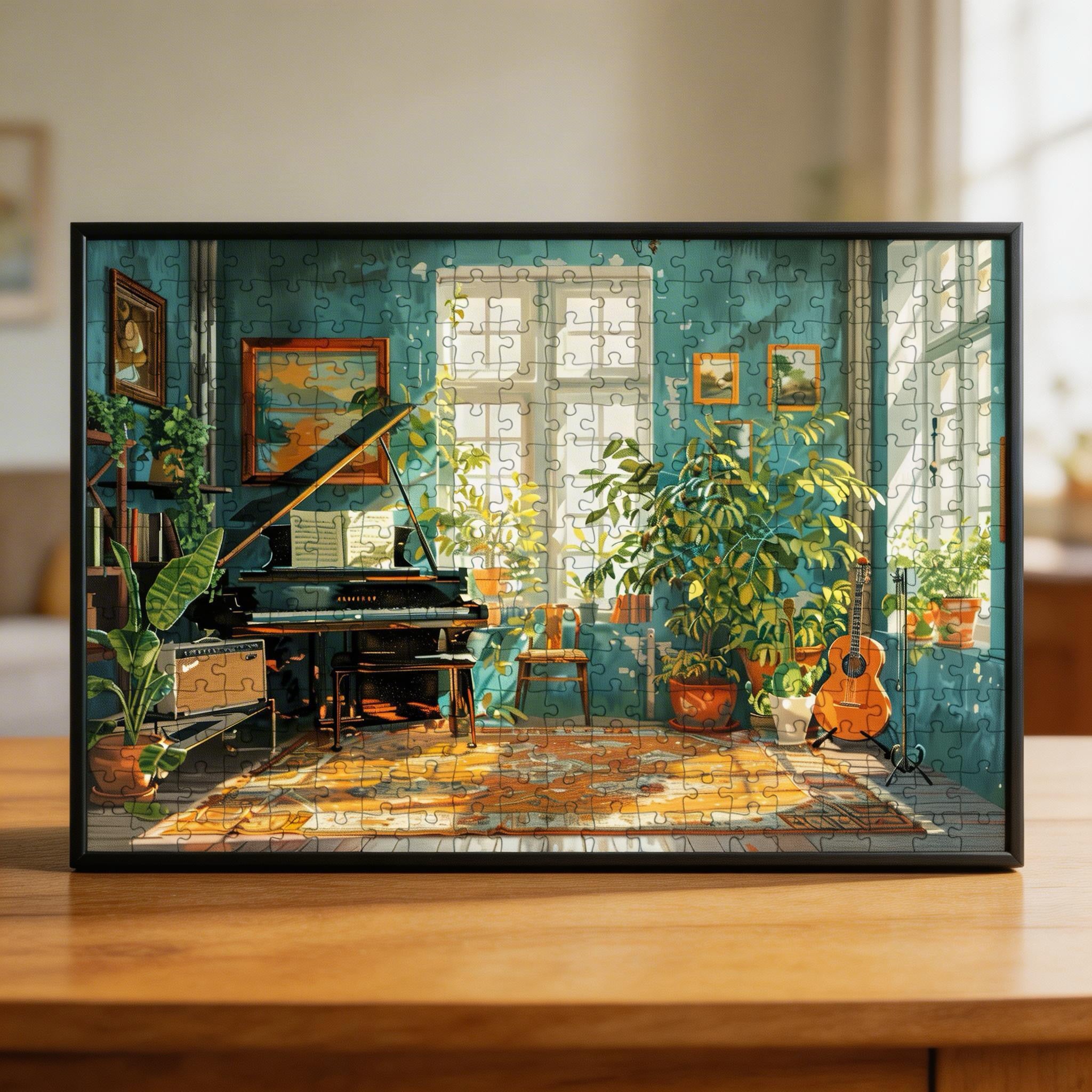 Sunny Music Room Wooden Jigsaw Puzzle - Plant-Filled Studio Wood Puzzle