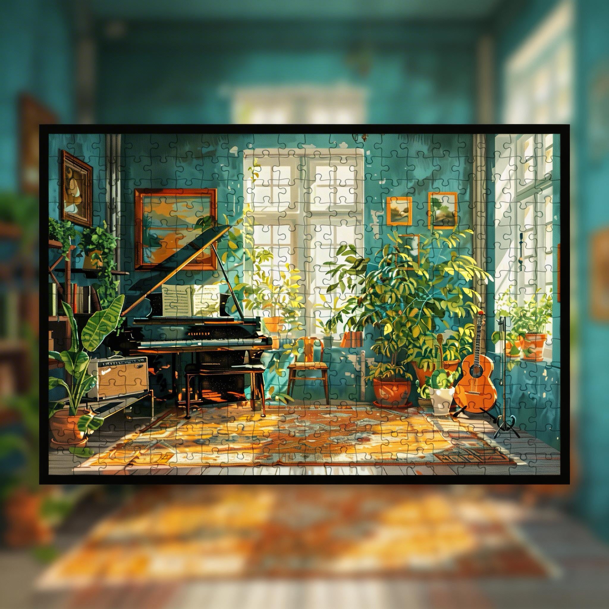 Sunny Music Room Wooden Jigsaw Puzzle Framed, Plant-Filled Studio Wall Decor