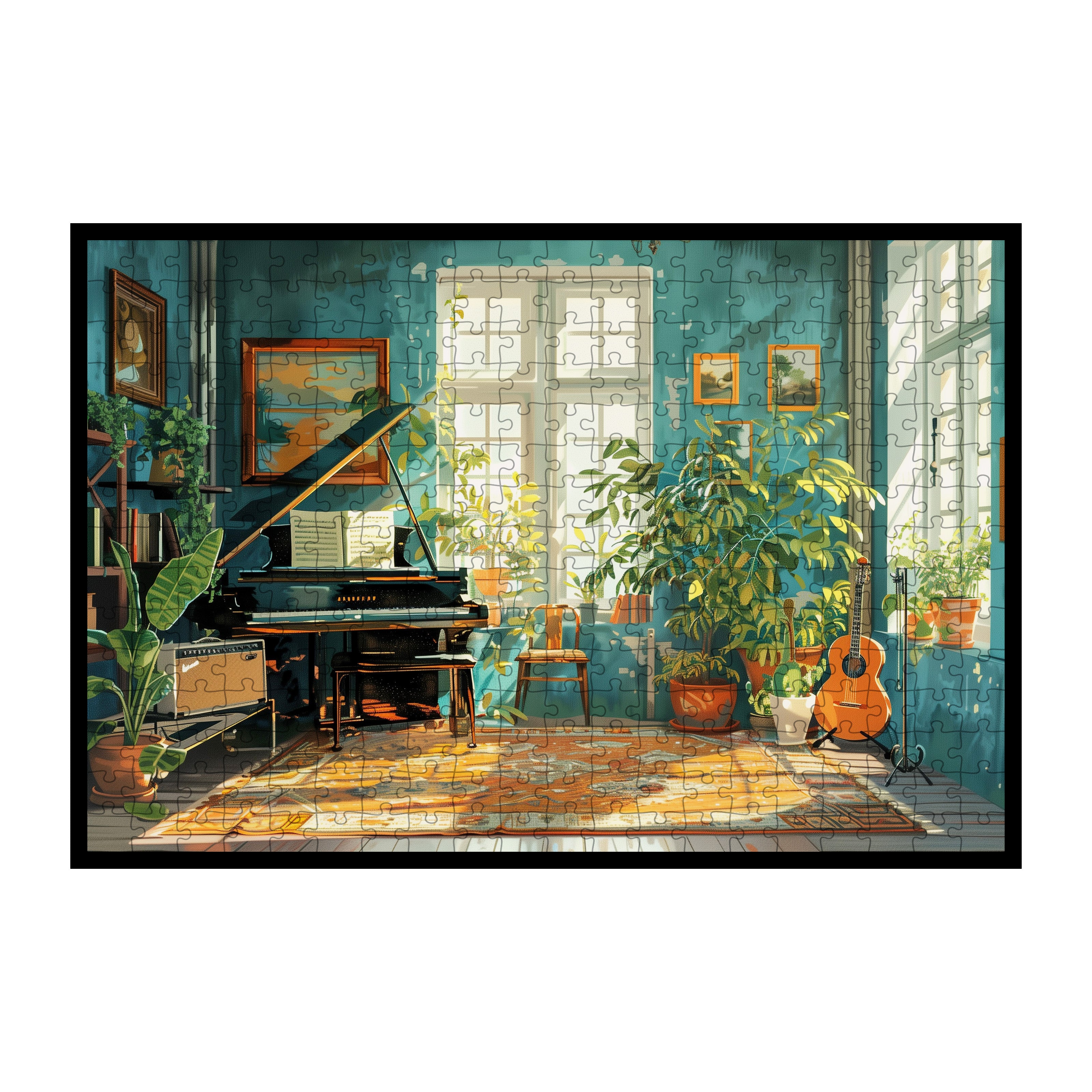 Sunny Music Room Wooden Jigsaw Puzzle Framed, Plant-Filled Studio Wall Decor