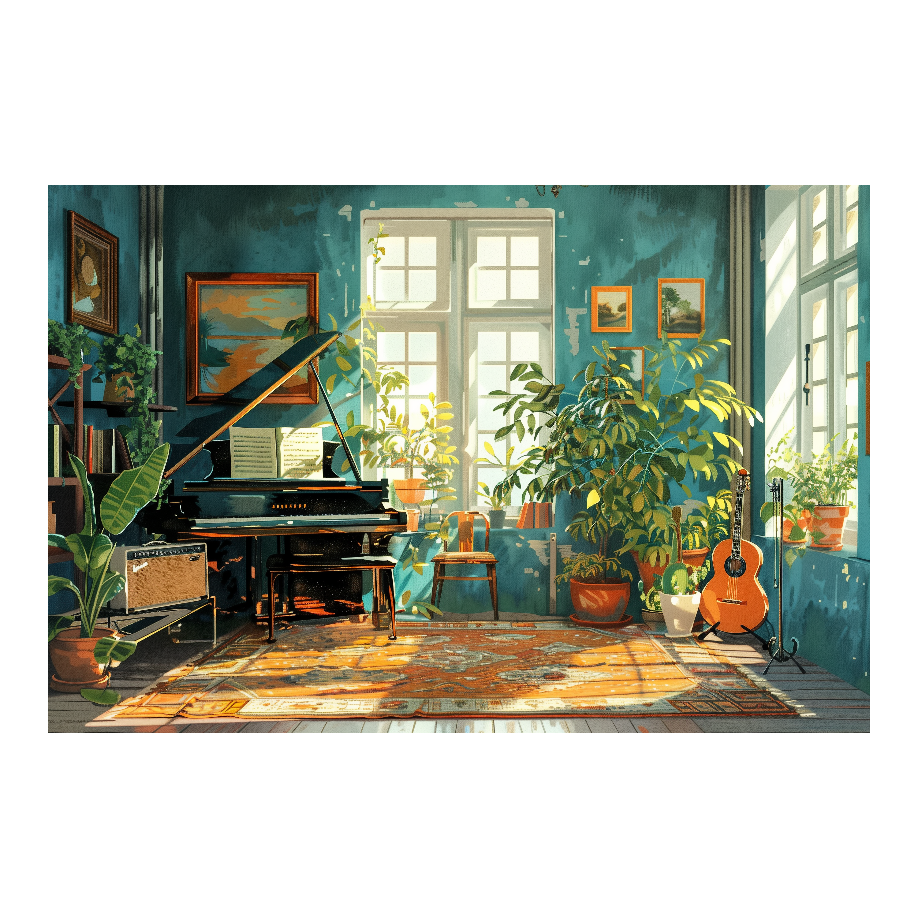 Sunny Music Room Wooden Jigsaw Puzzle Framed, Plant-Filled Studio Wall Decor