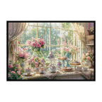 Sunny Spring Window Tea Set Wooden Jigsaw Puzzle Framed, Floral Nook Wall Decor