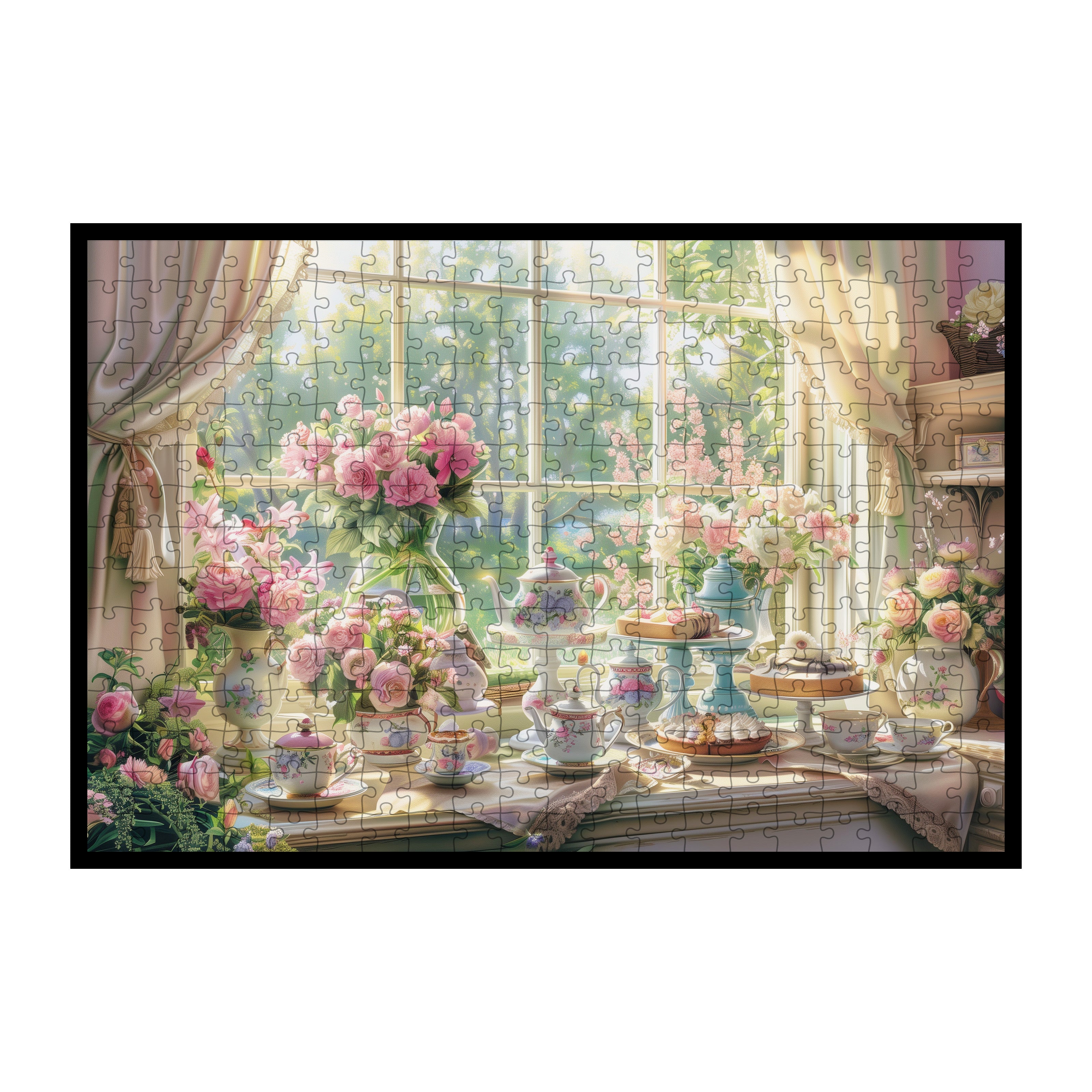 Sunny Spring Window Tea Set Wooden Jigsaw Puzzle Framed, Floral Nook Wall Decor