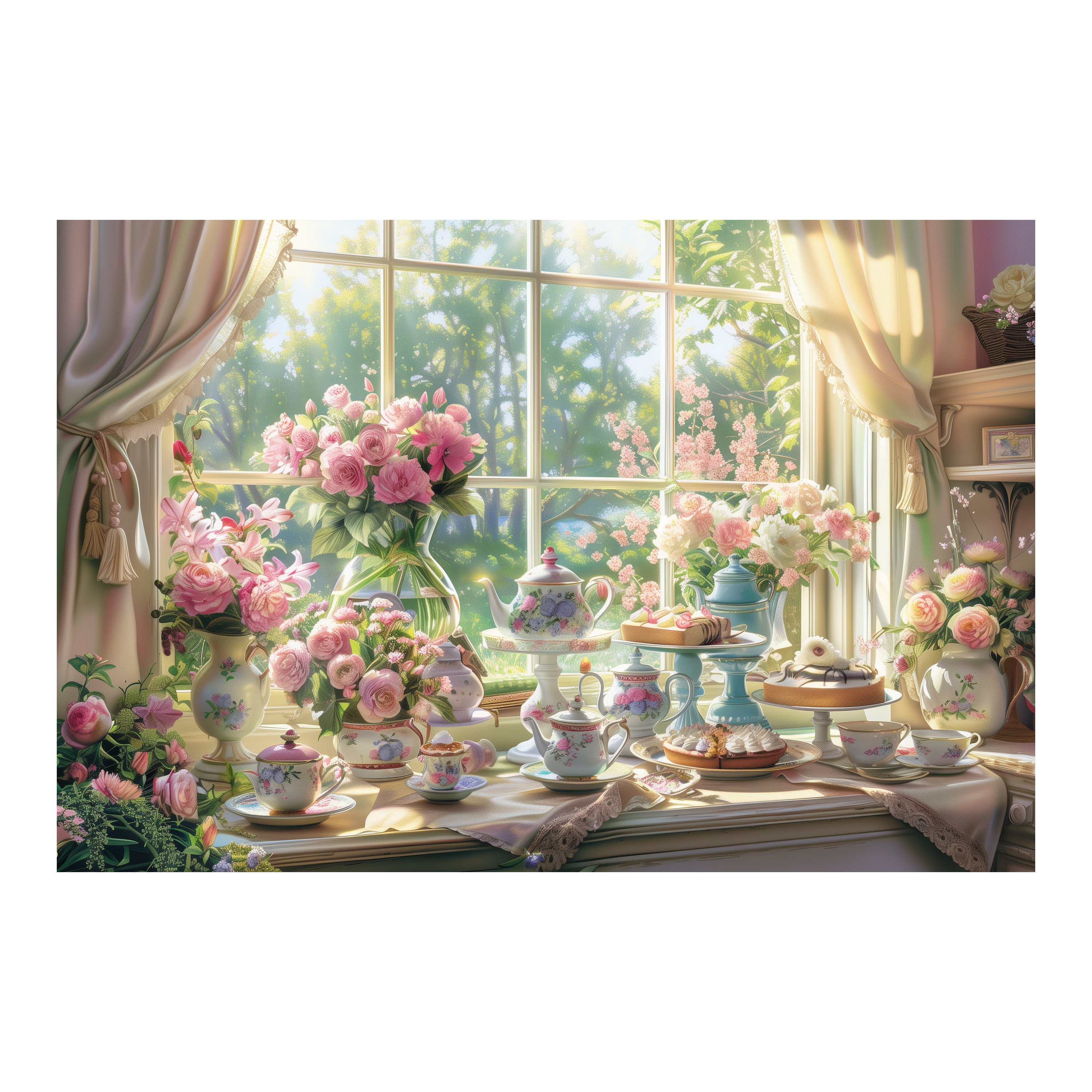 Sunny Spring Window Tea Set Wooden Jigsaw Puzzle Framed, Floral Nook Wall Decor