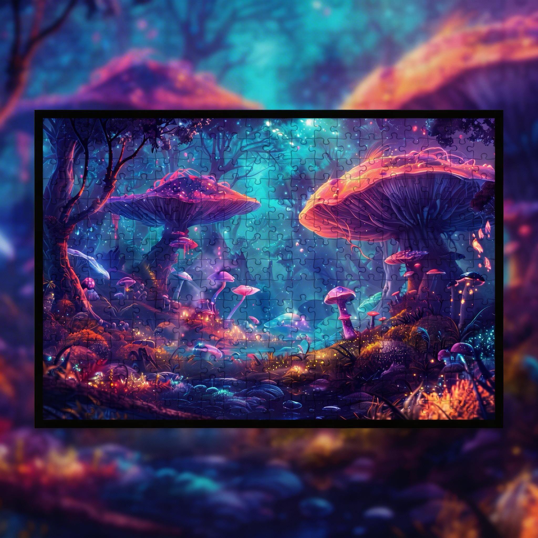 Vibrant Fairy Tale Mushroom Grove Wooden Jigsaw Puzzle Framed, Enchanted Home Decor