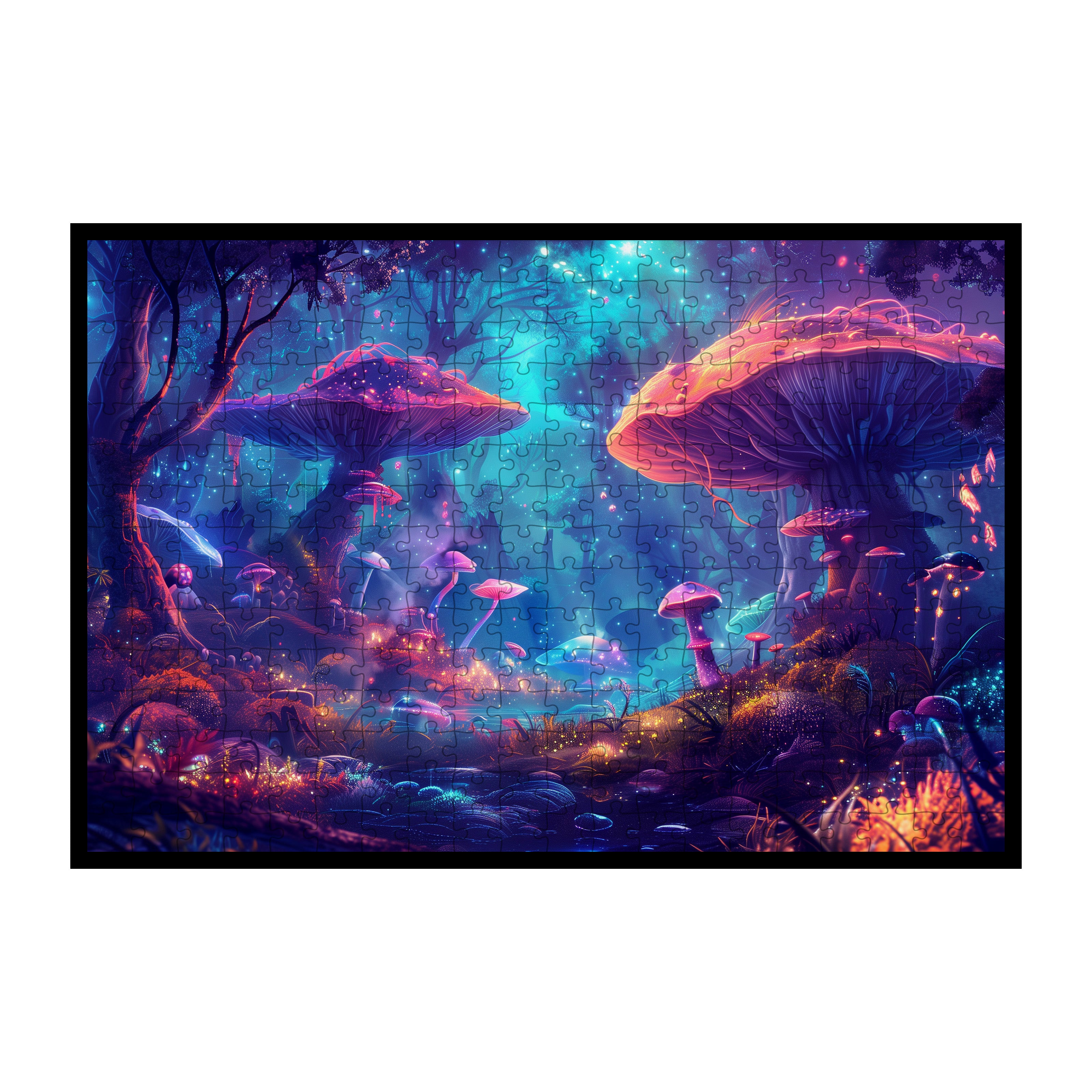 Vibrant Fairy Tale Mushroom Grove Wooden Jigsaw Puzzle Framed, Enchanted Home Decor