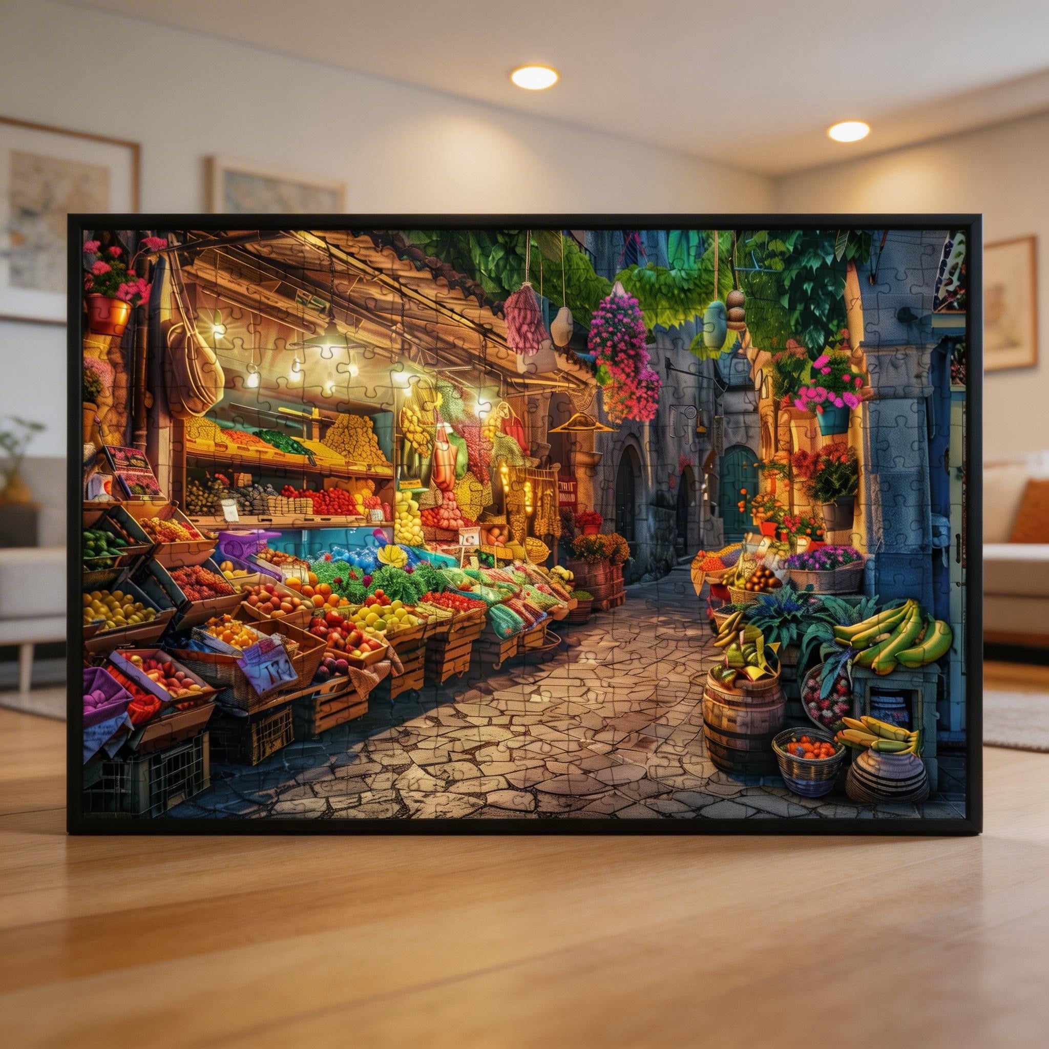 Vibrant Fruit Market Wooden Jigsaw Puzzle - Colorful Street Market Wood Puzzle for Adults