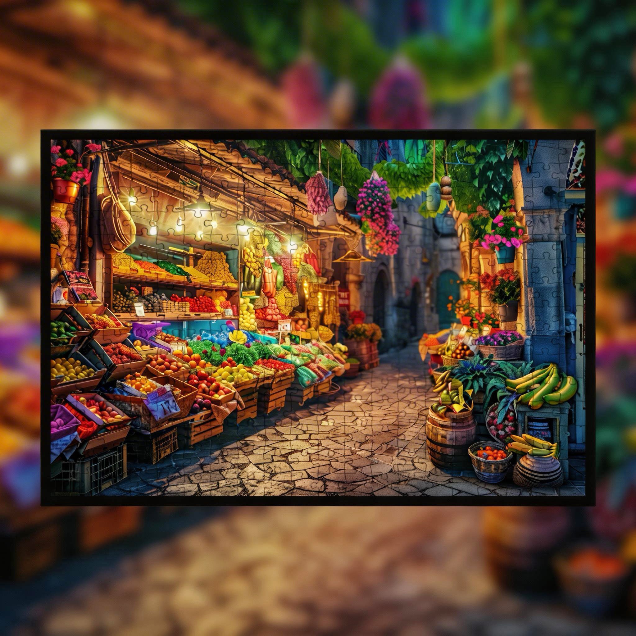 Vibrant Fruit Market Wooden Jigsaw Puzzle Framed, Colorful Street Market Wall Art Decor for Adults