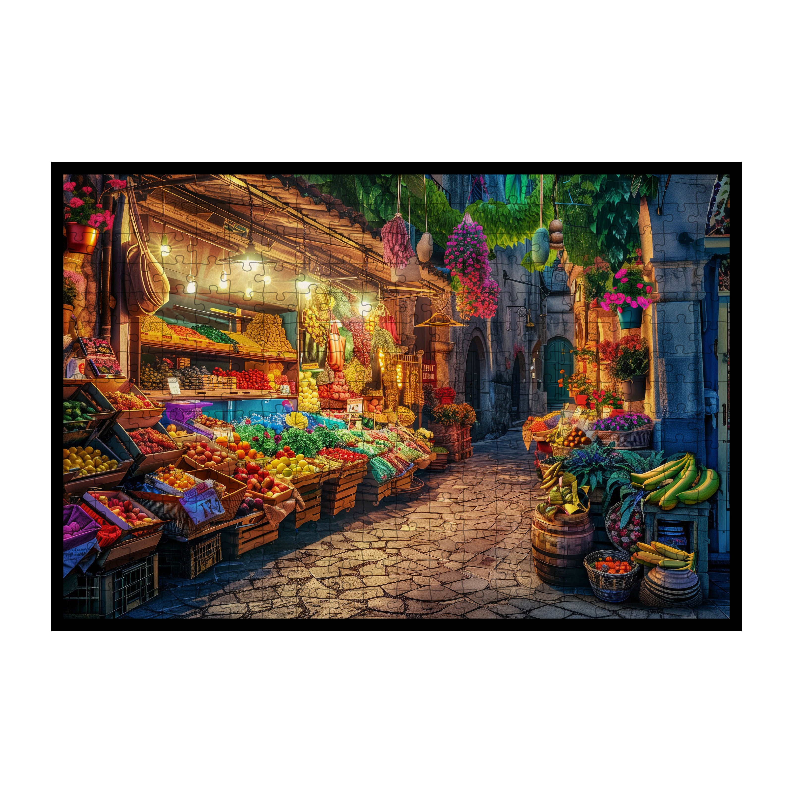 Vibrant Fruit Market Wooden Jigsaw Puzzle Framed, Colorful Street Market Wall Art Decor for Adults