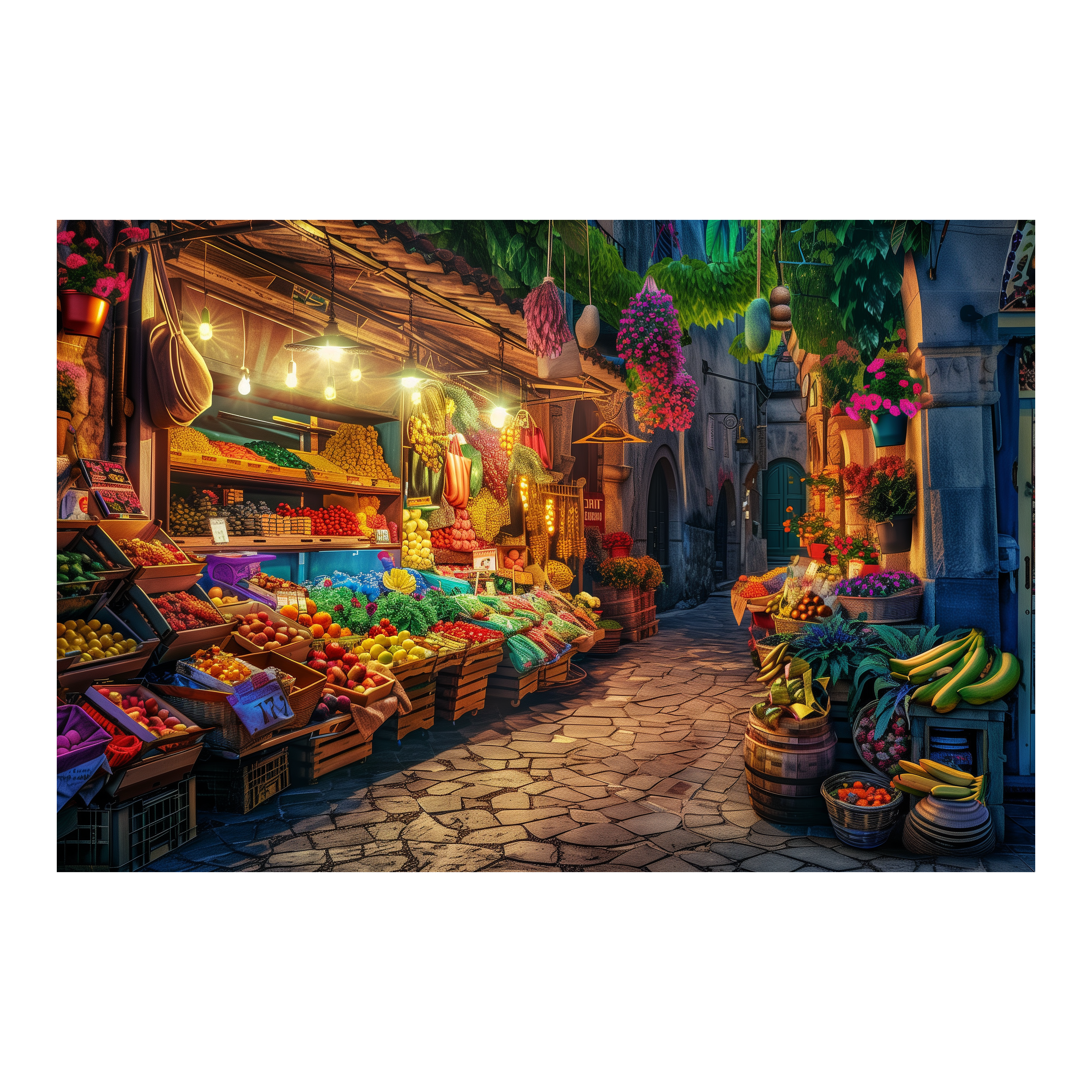 Vibrant Fruit Market Wooden Jigsaw Puzzle Framed, Colorful Street Market Wall Art Decor for Adults