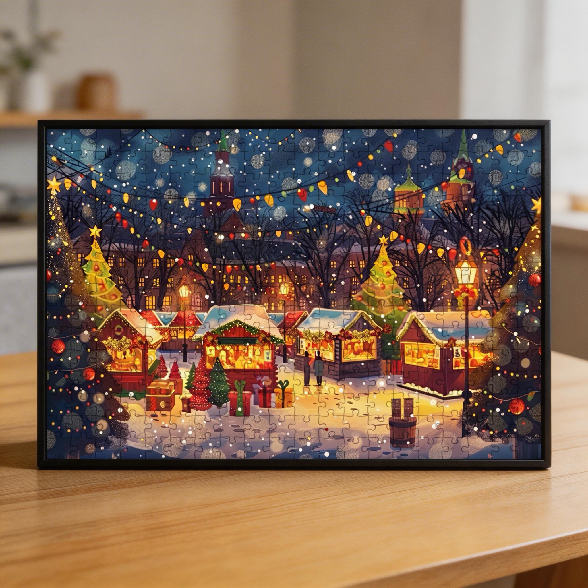 Vibrant Holiday Market Wooden Jigsaw Puzzle - Christmas Lights Wood Puzzle