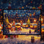 Vibrant Holiday Market Wooden Jigsaw Puzzle Framed, Christmas Lights Wall Art