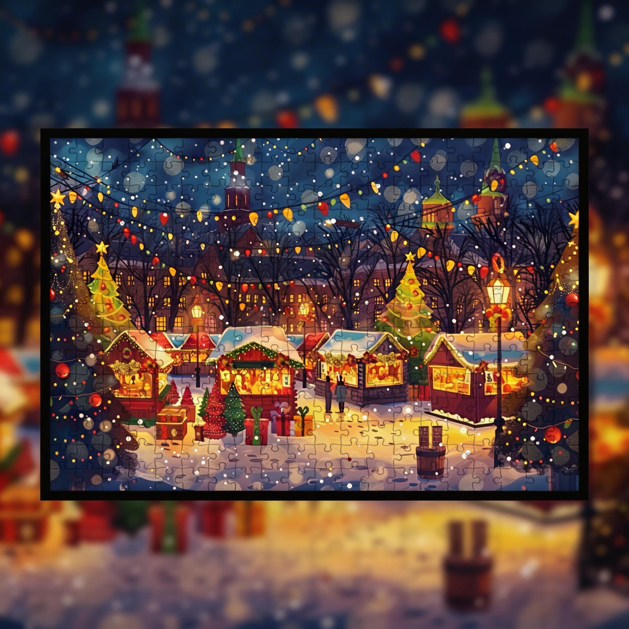 Vibrant Holiday Market Wooden Jigsaw Puzzle Framed, Christmas Lights Wall Art