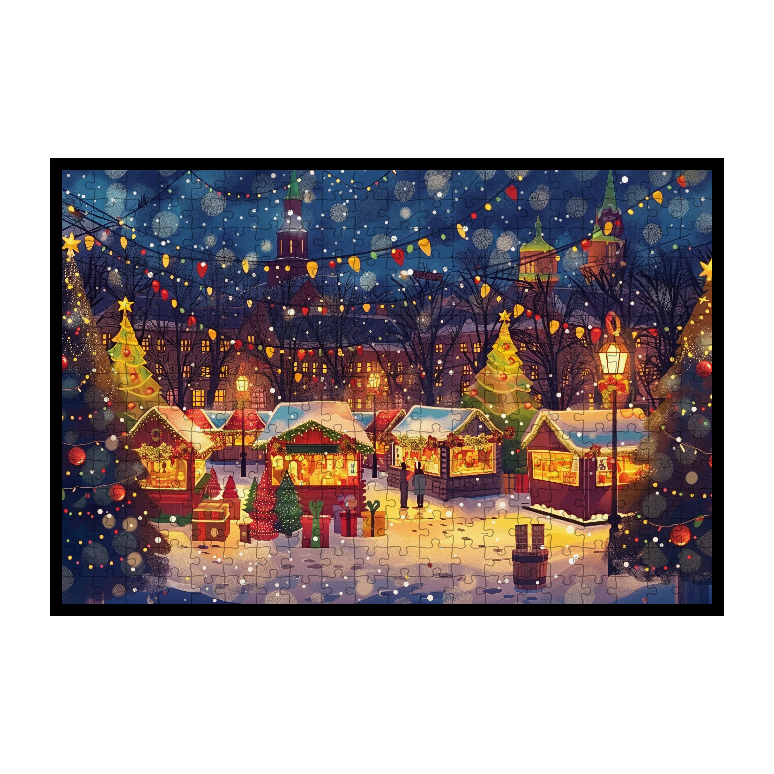 Vibrant Holiday Market Wooden Jigsaw Puzzle Framed, Christmas Lights Wall Art