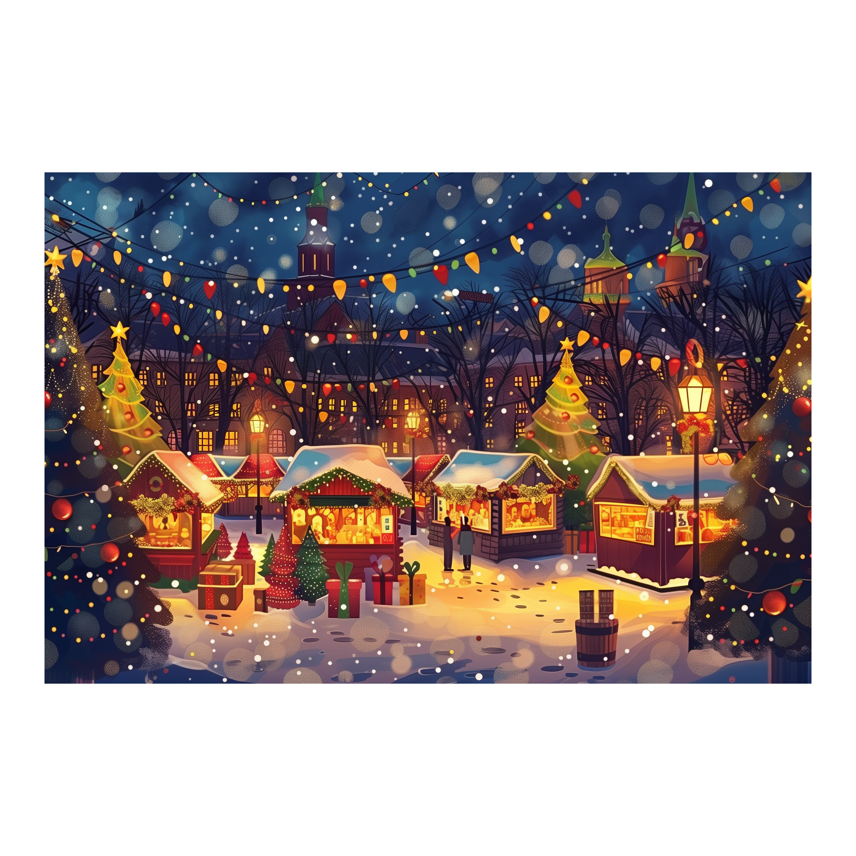 Vibrant Holiday Market Wooden Jigsaw Puzzle Framed, Christmas Lights Wall Art