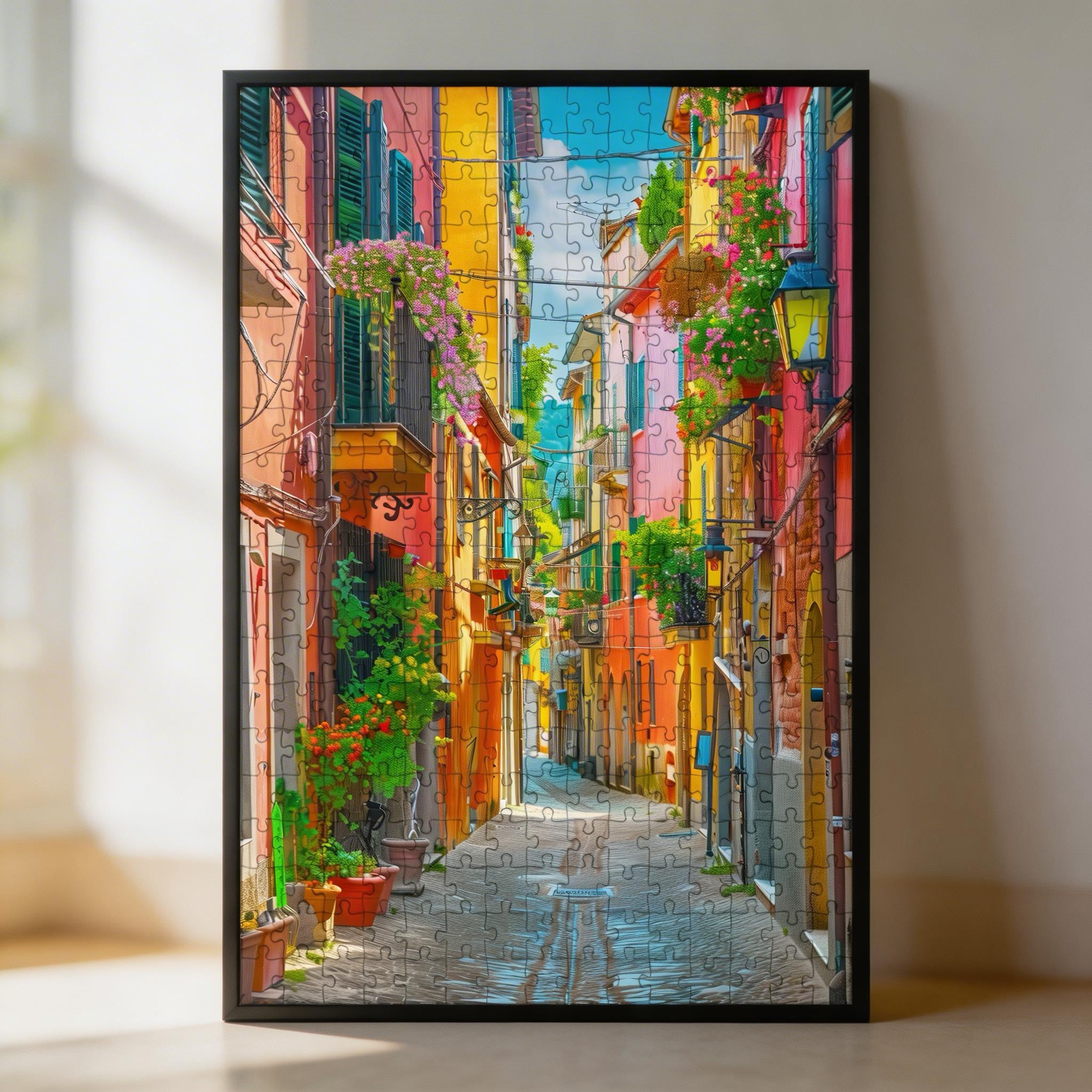 Vibrant Italian Alley Wooden Jigsaw Puzzle - Colorful Mediterranean Street Wood Puzzle