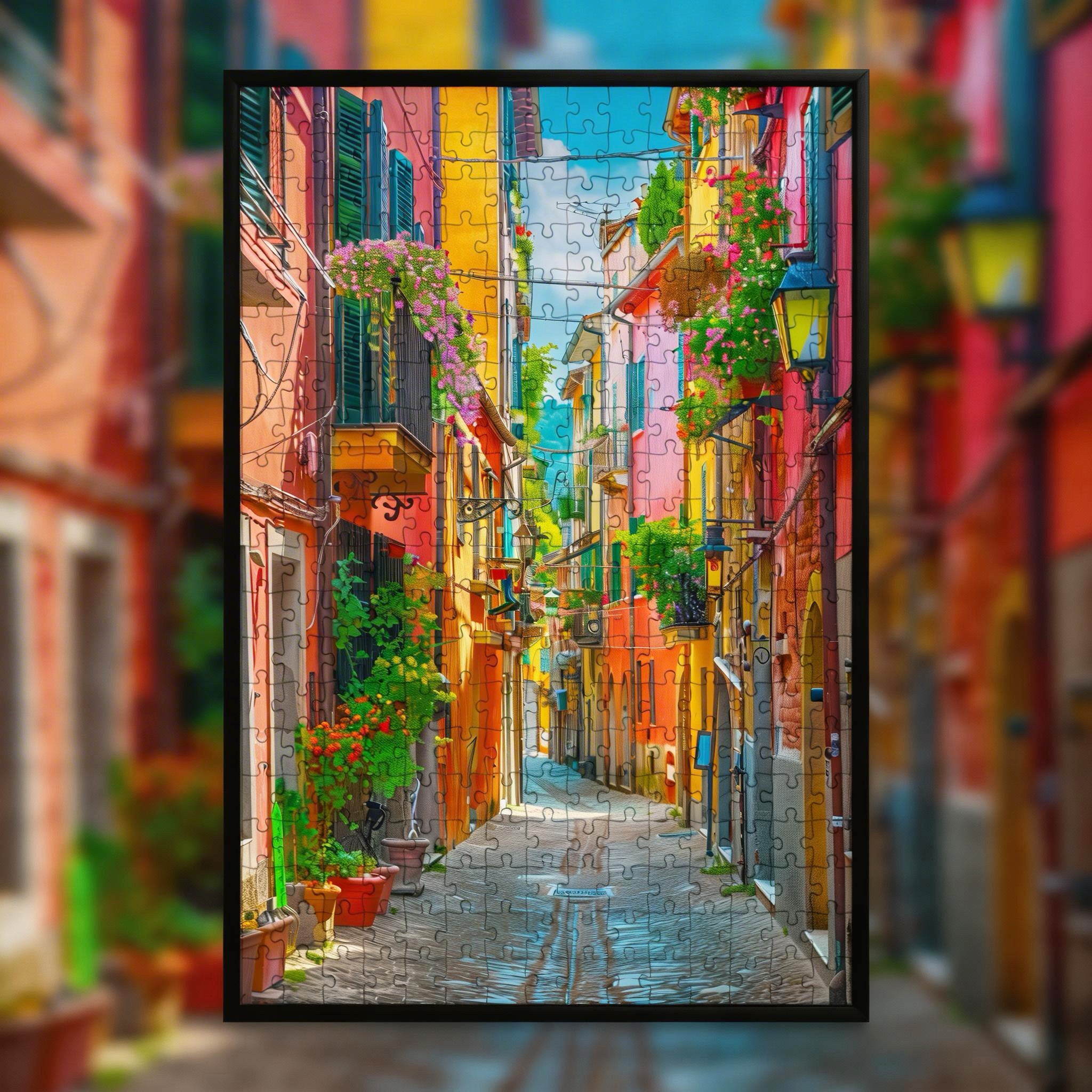 Vibrant Italian Alley Wooden Jigsaw Puzzle Framed, Colorful Mediterranean Street Wall Decor