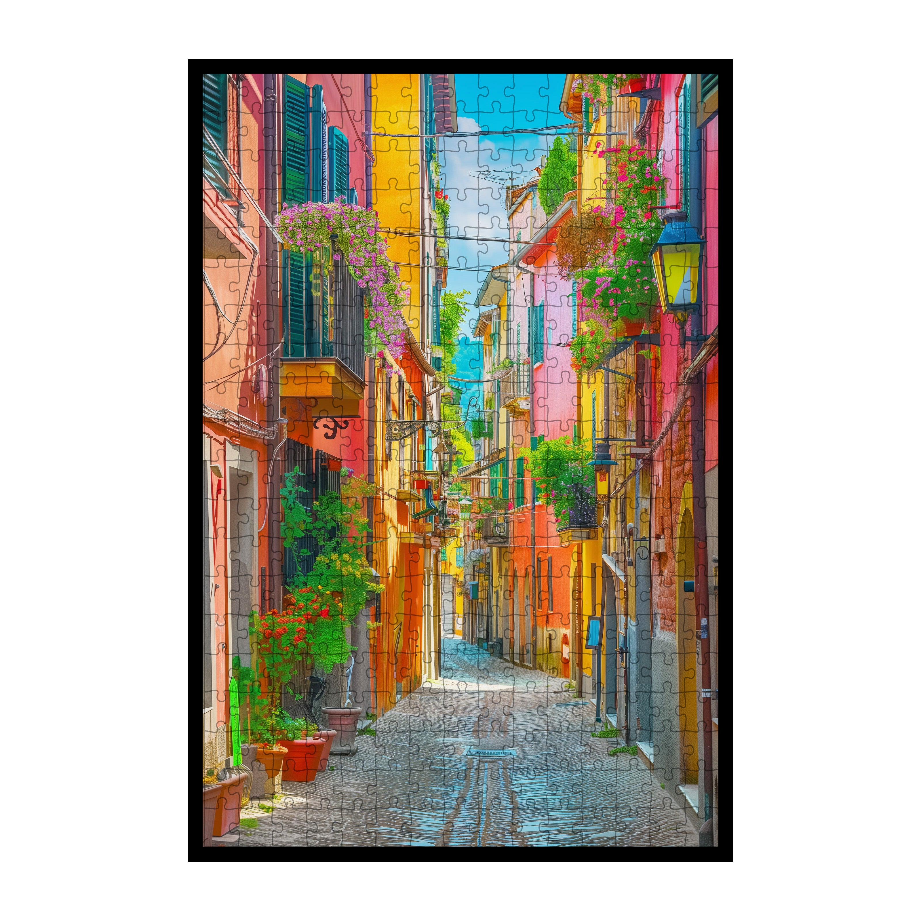 Vibrant Italian Alley Wooden Jigsaw Puzzle Framed, Colorful Mediterranean Street Wall Decor