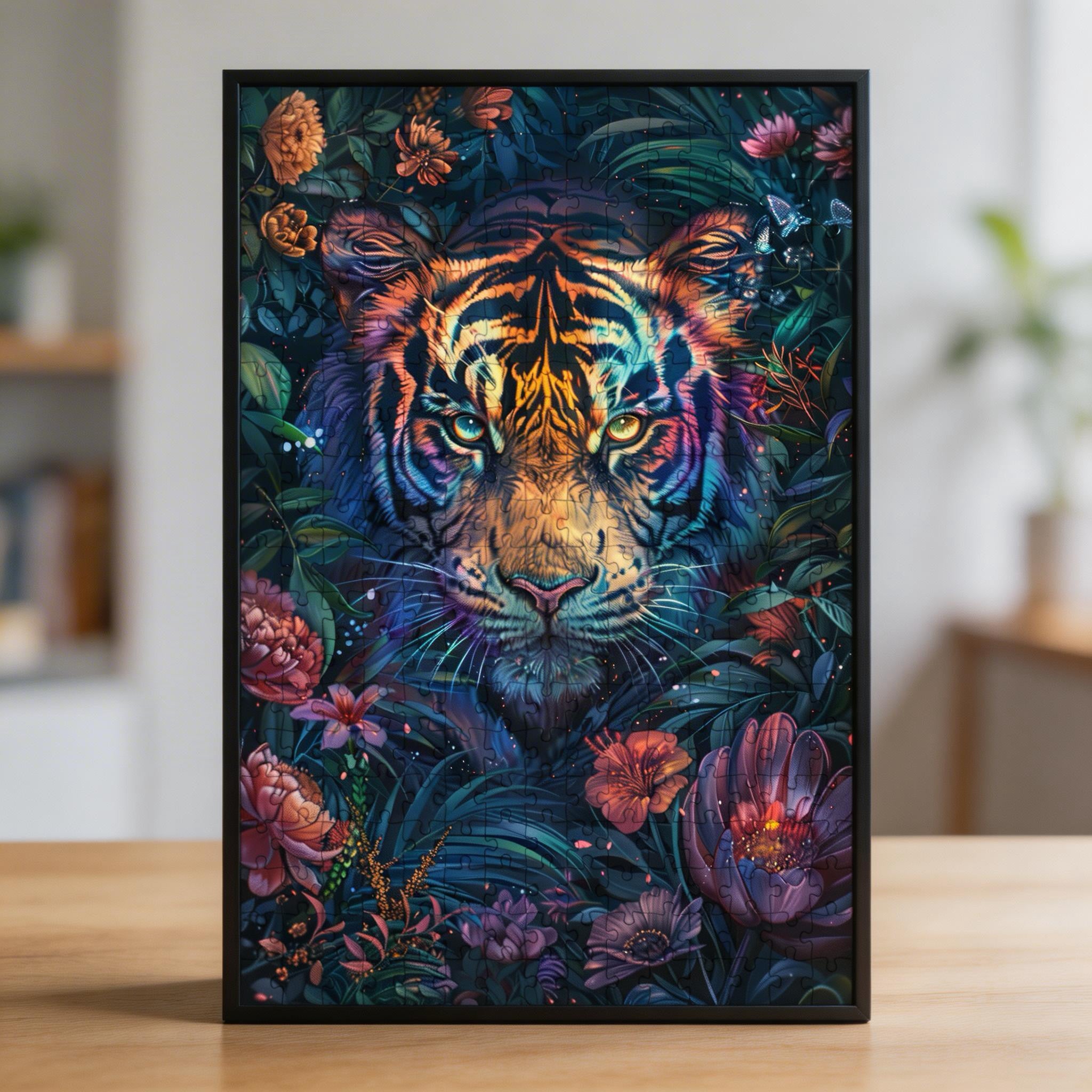 Vibrant Jungle Tiger Shaped Wooden Jigsaw Puzzle - Tropical Wildlife Wood Puzzle for Adults