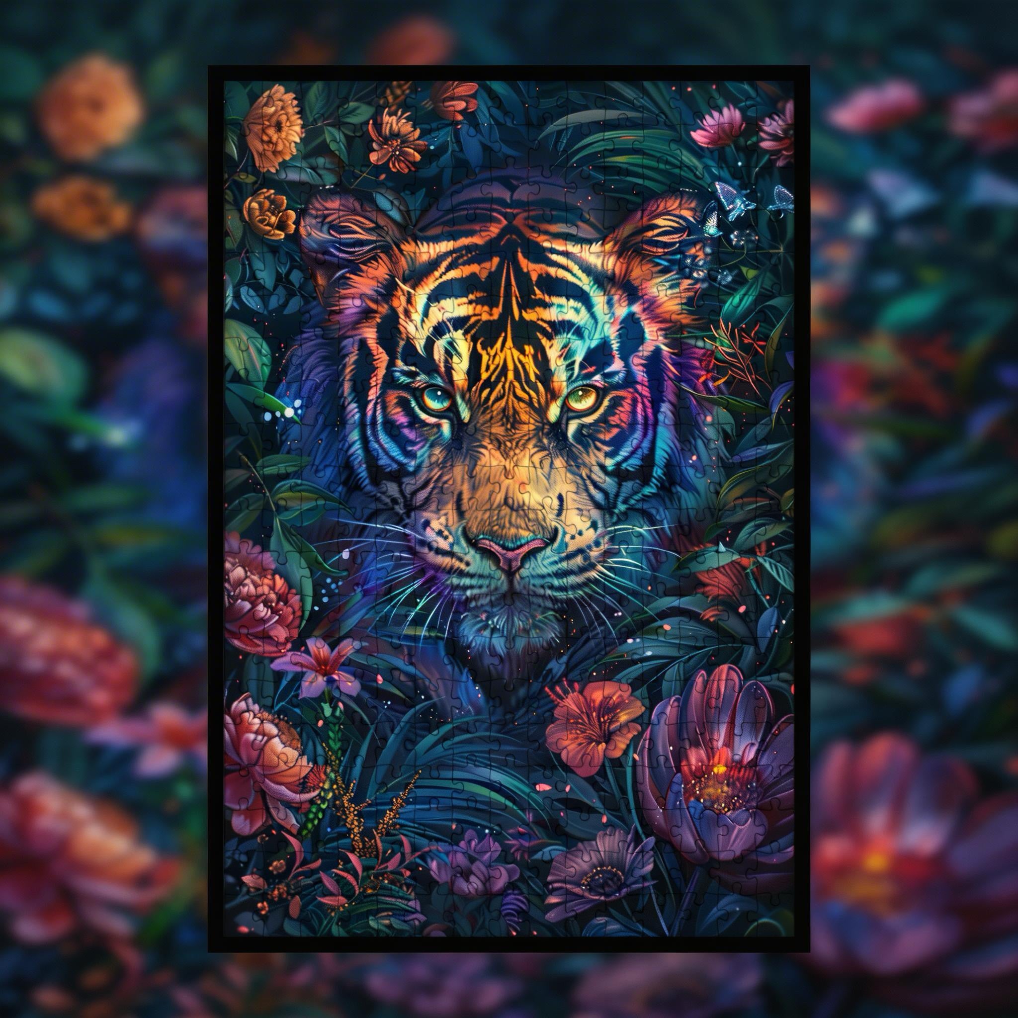 Vibrant Jungle Tiger Shaped Wooden Jigsaw Puzzle - Tropical Wildlife Wood Puzzle for Adults