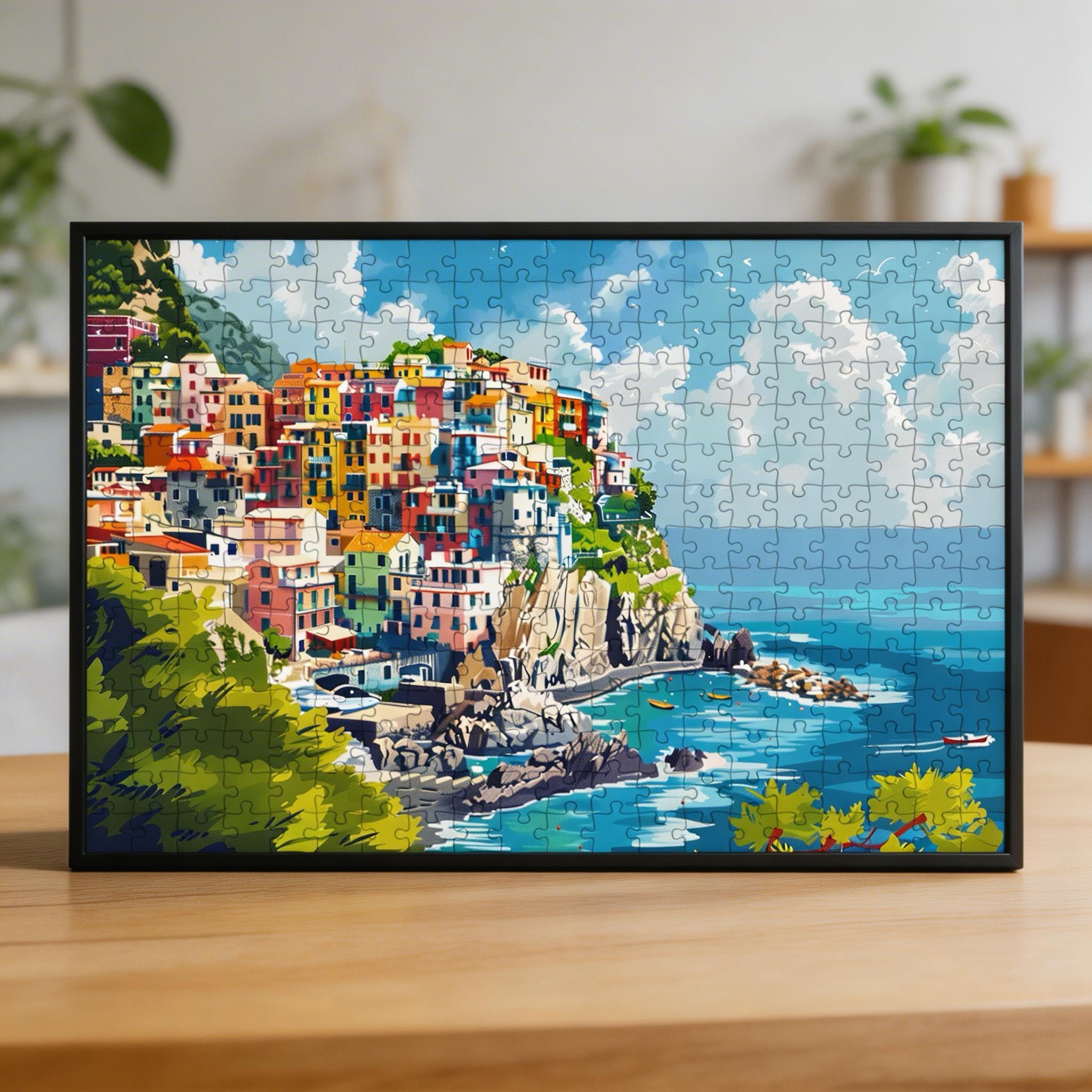 Mediterranean Coastal Village Wooden Puzzle - Framed Seaside Town Wall Art