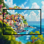 Vibrant Mediterranean Village Wooden Jigsaw Puzzle Framed, Coastal Town Wall Art