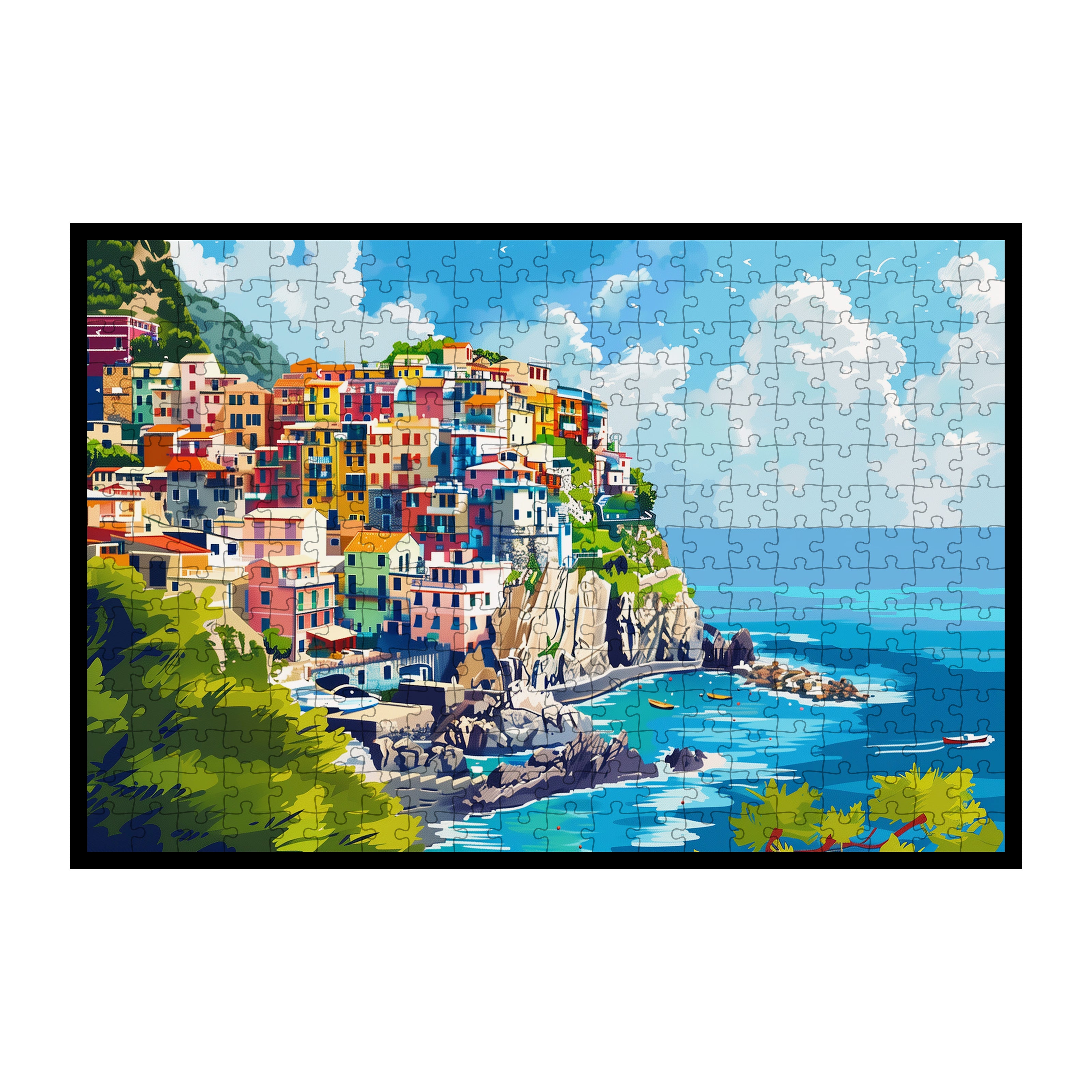 Vibrant Mediterranean Village Wooden Jigsaw Puzzle Framed, Coastal Town Wall Art