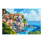 Vibrant Mediterranean Village Wooden Jigsaw Puzzle Framed, Coastal Town Wall Art