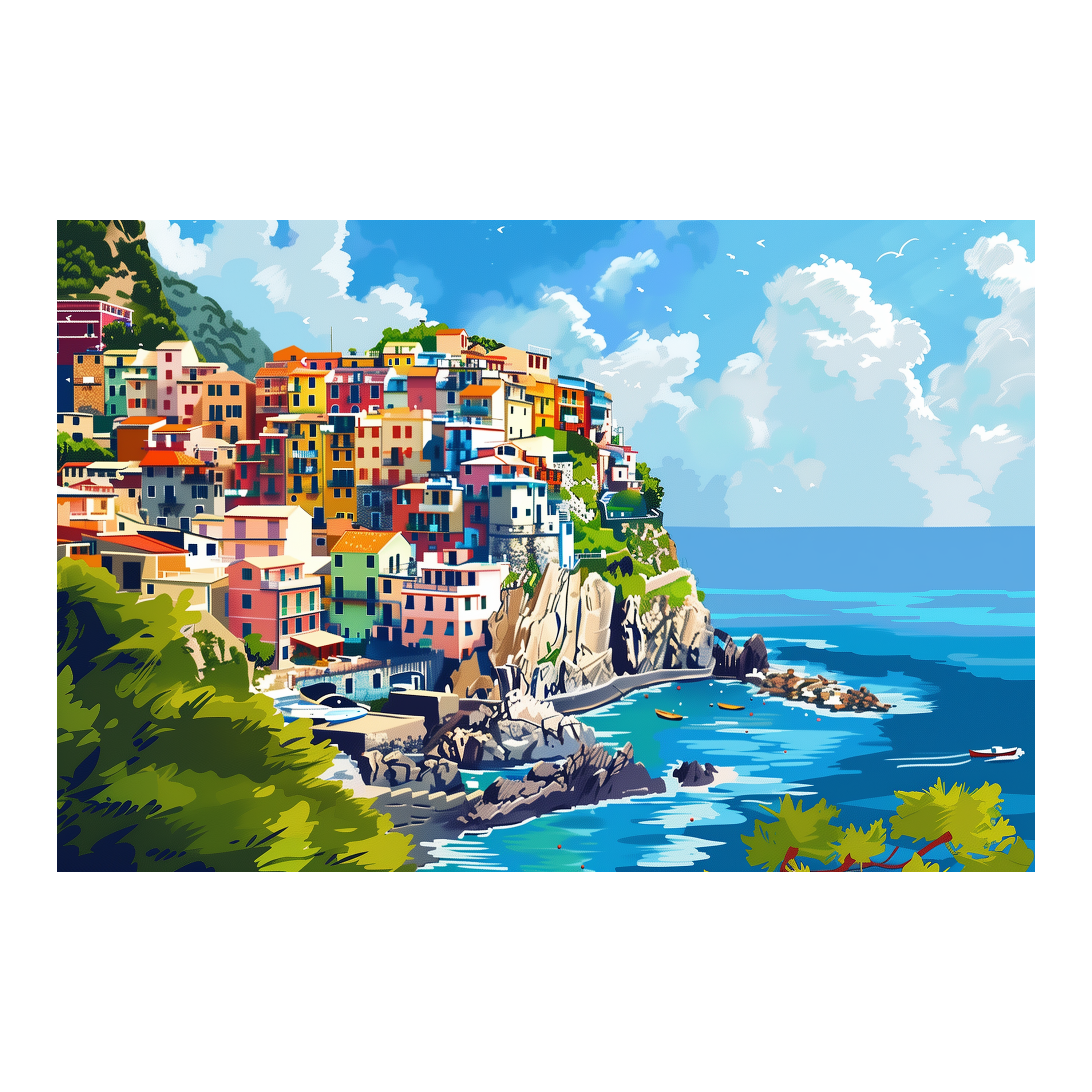 Vibrant Mediterranean Village Wooden Jigsaw Puzzle Framed, Coastal Town Wall Art