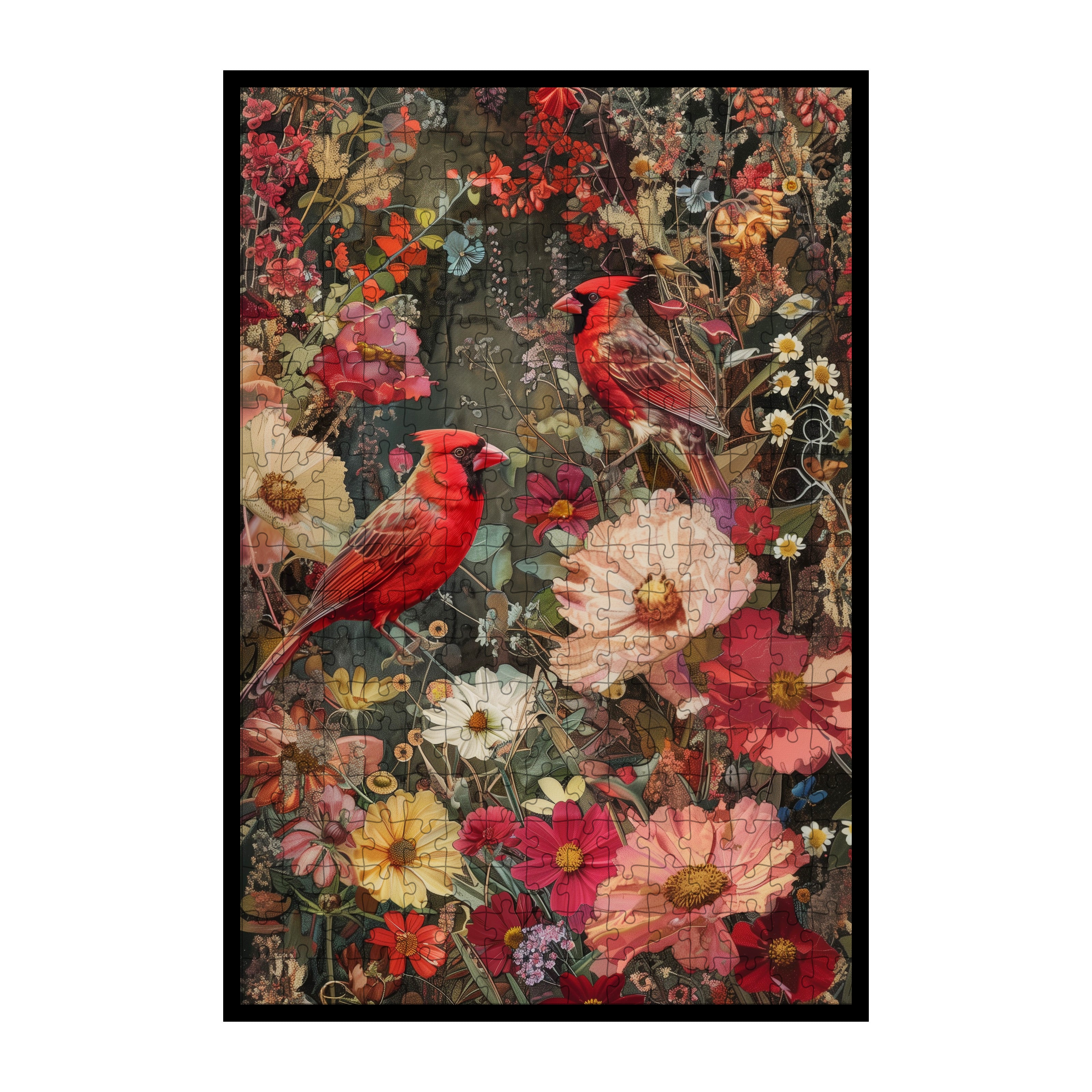 Vibrant Northern Cardinal Birds Wooden Jigsaw Puzzle Framed, Floral Woodland Wall Decor