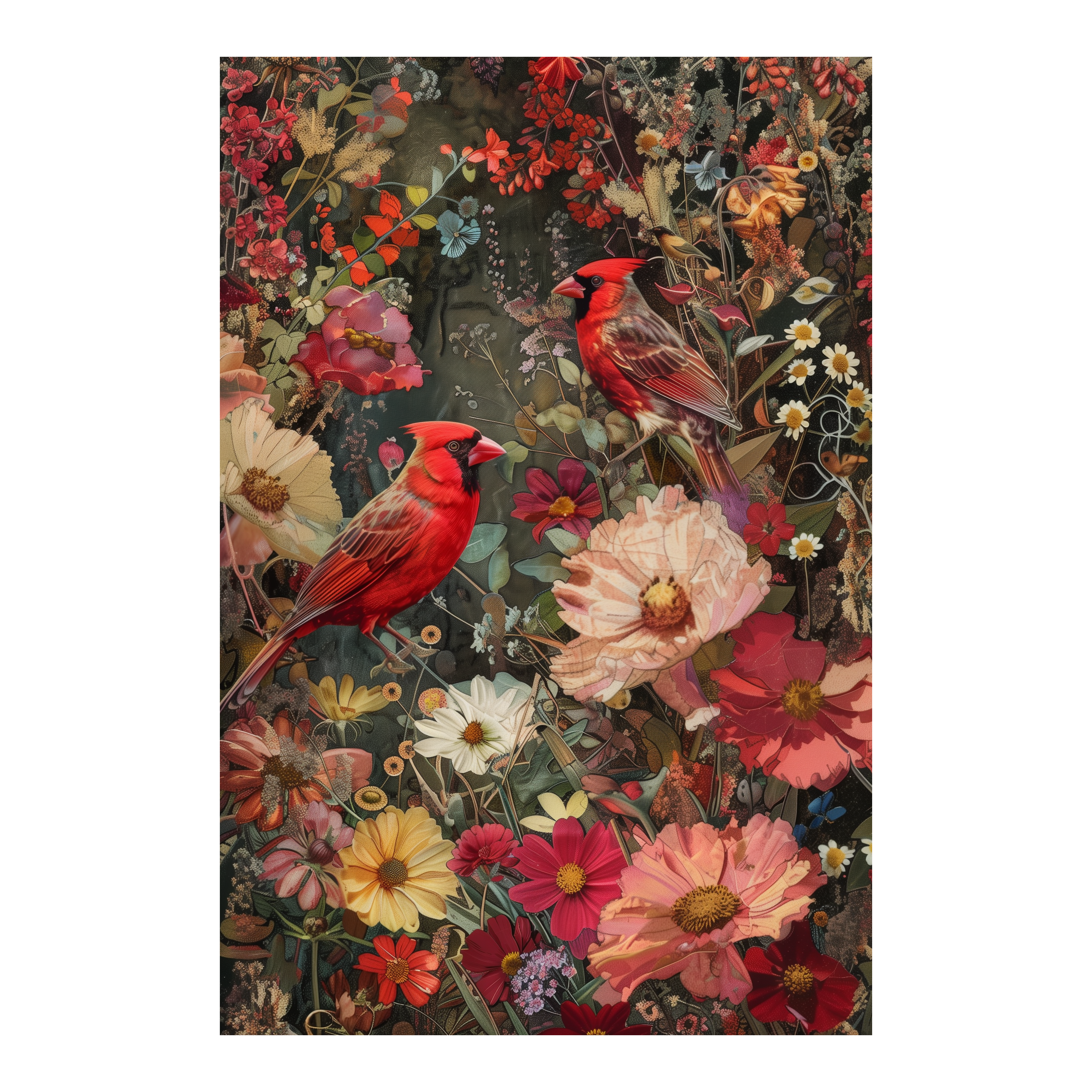 Vibrant Northern Cardinal Birds Wooden Jigsaw Puzzle Framed, Floral Woodland Wall Decor