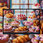 Vibrant Pastry Shop Wooden Jigsaw Puzzle Framed, Sweet Treats Wall Decor