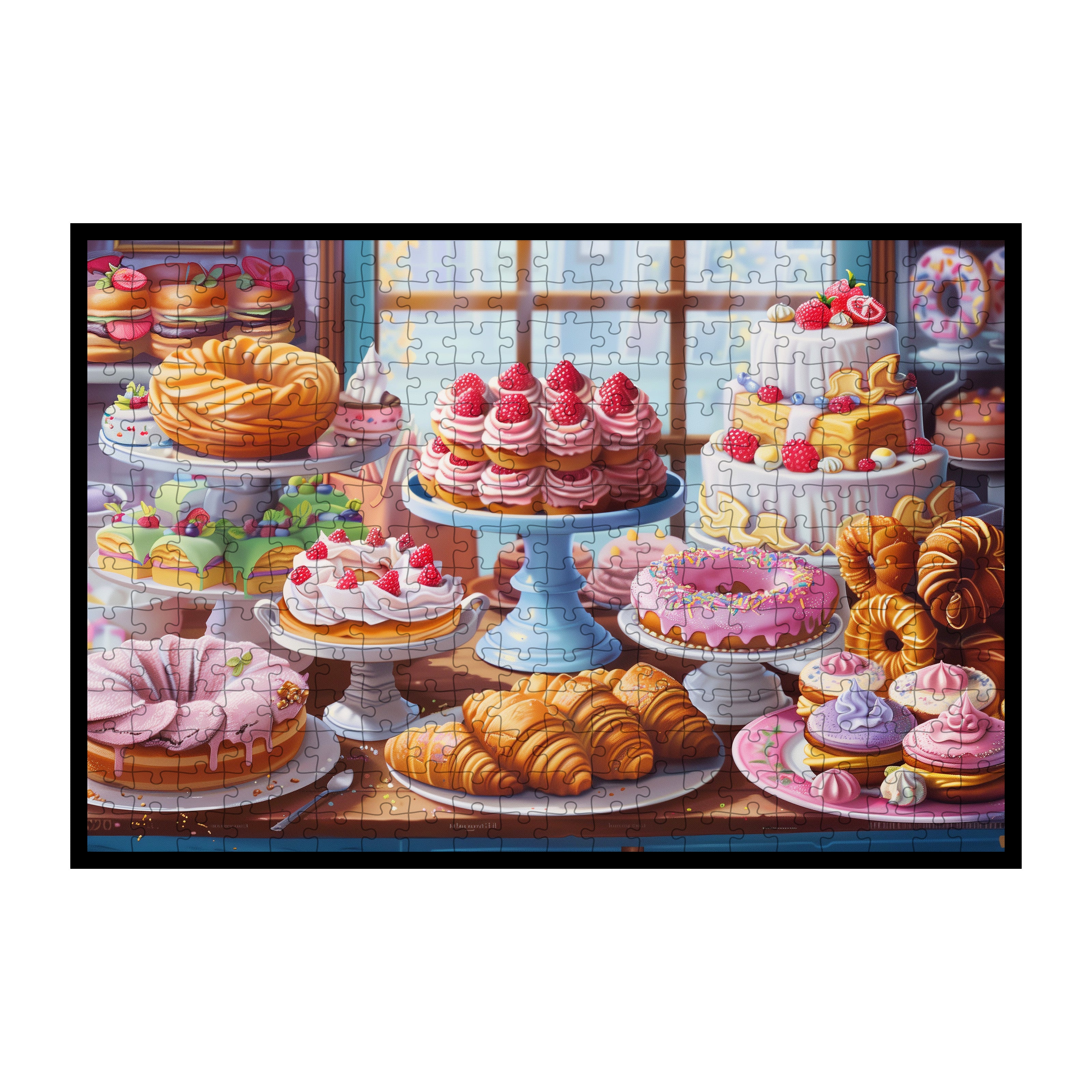 Vibrant Pastry Shop Wooden Jigsaw Puzzle Framed, Sweet Treats Wall Decor