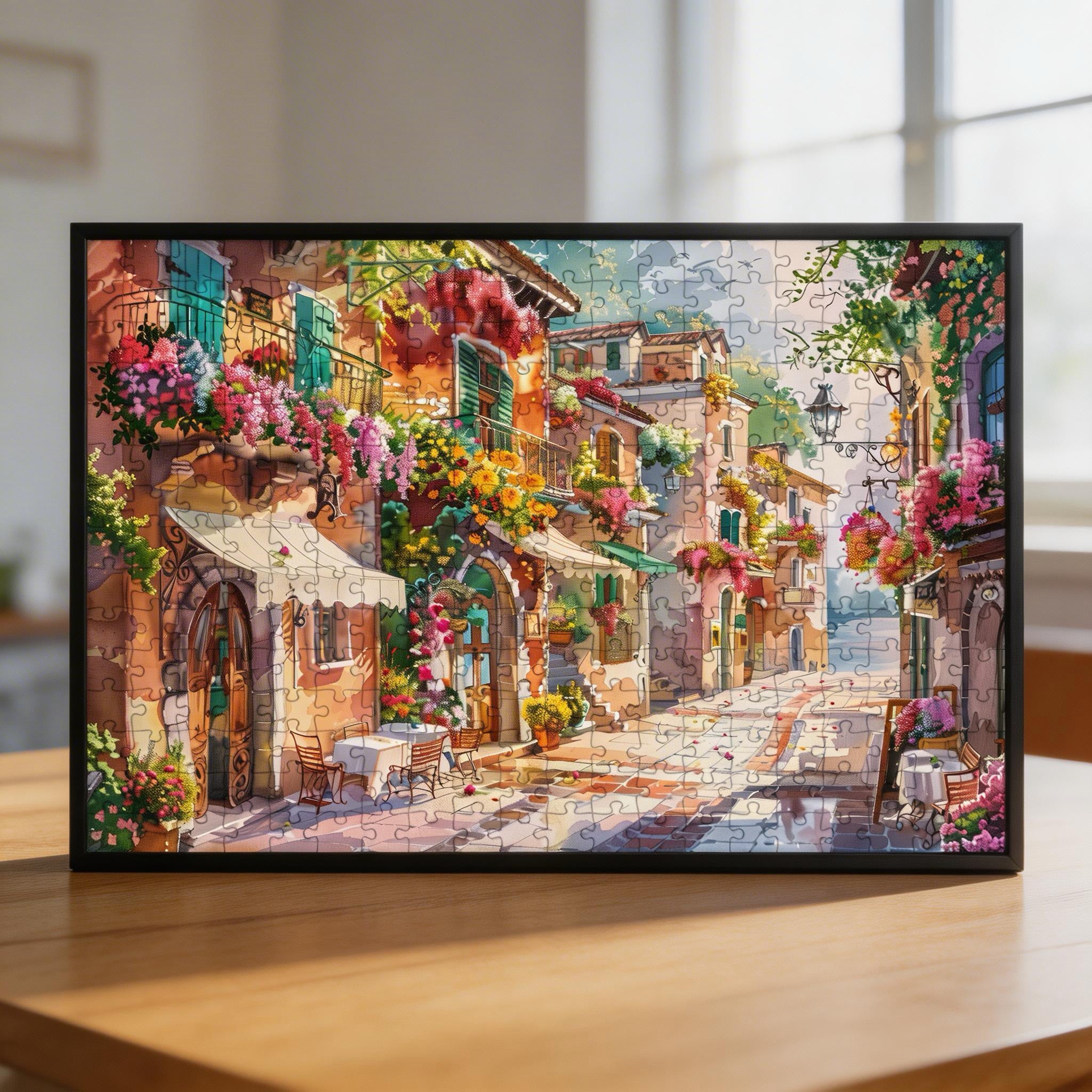 Floral Village Street Wooden Puzzle - Framed Watercolor Jigsaw Wall Art