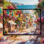 Vibrant Watercolor Town Wooden Jigsaw Puzzle Framed, Floral Village Wall Art