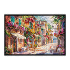 Vibrant Watercolor Town Wooden Jigsaw Puzzle Framed, Floral Village Wall Art
