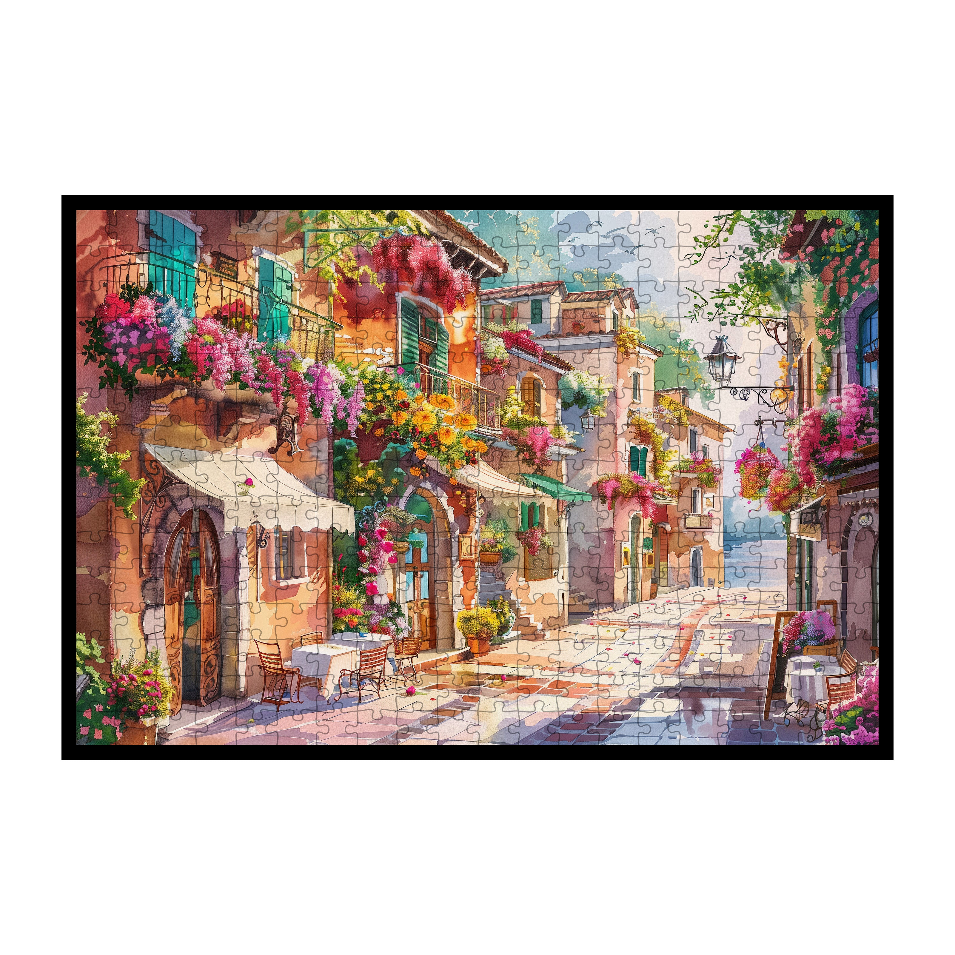 Vibrant Watercolor Town Wooden Jigsaw Puzzle Framed, Floral Village Wall Art