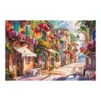 Vibrant Watercolor Town Wooden Jigsaw Puzzle Framed, Floral Village Wall Art