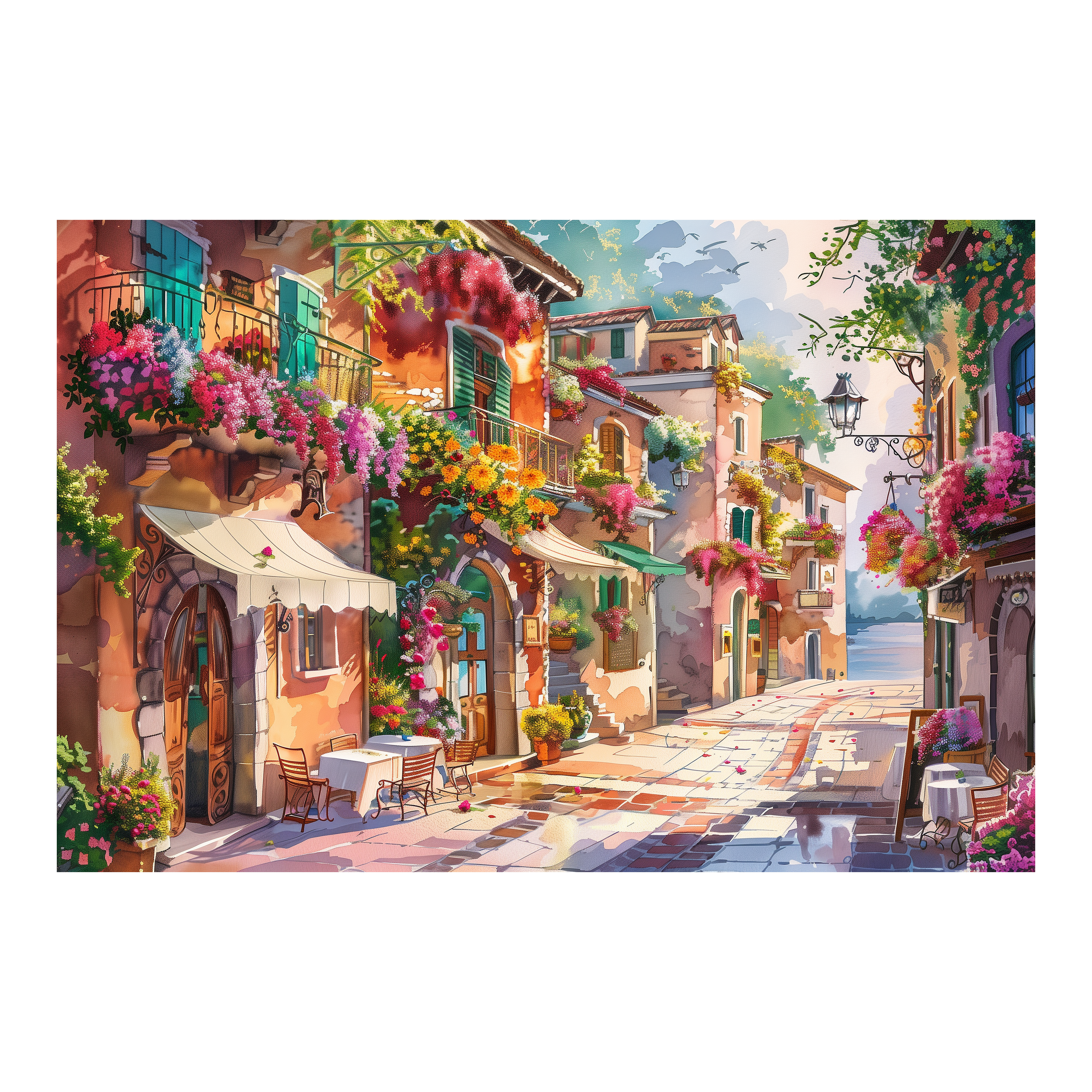 Vibrant Watercolor Town Wooden Jigsaw Puzzle Framed, Floral Village Wall Art
