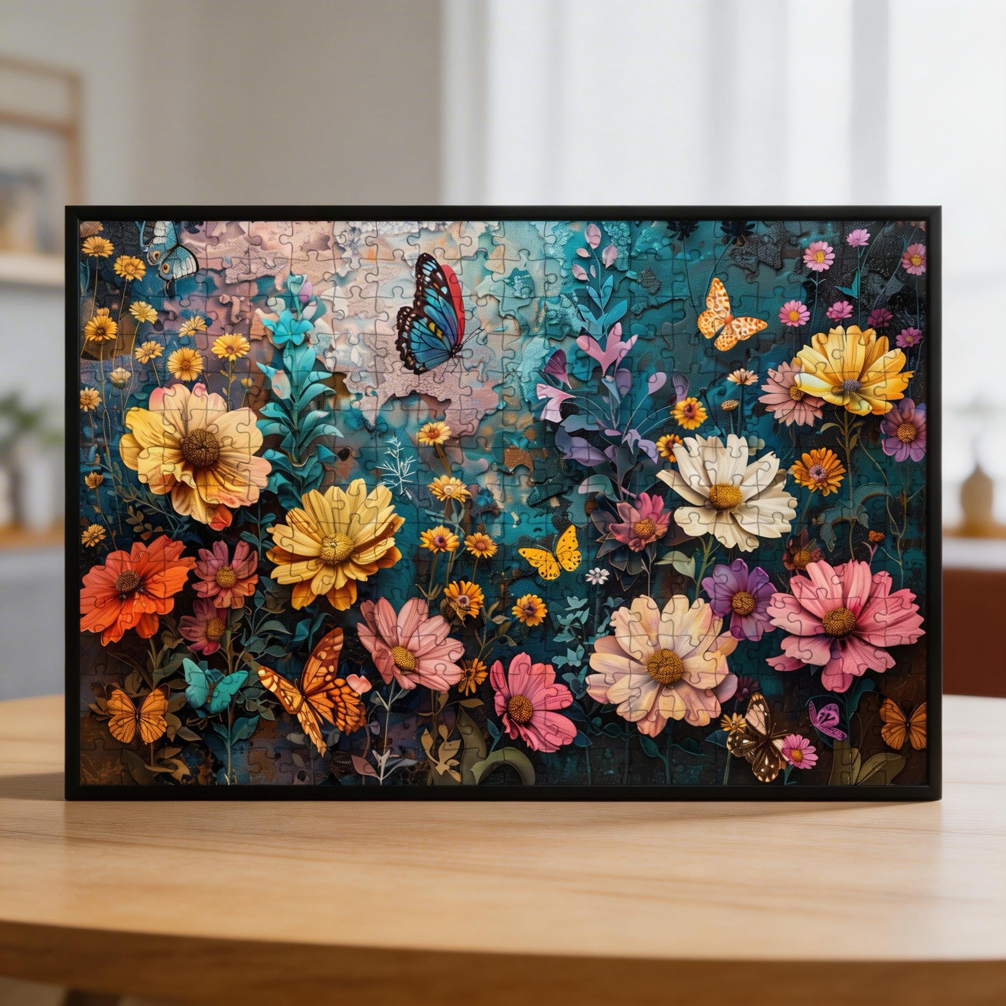 Vintage Butterfly & Wildflower Wooden Jigsaw Puzzle - Textured Floral Wood Puzzle for Adults