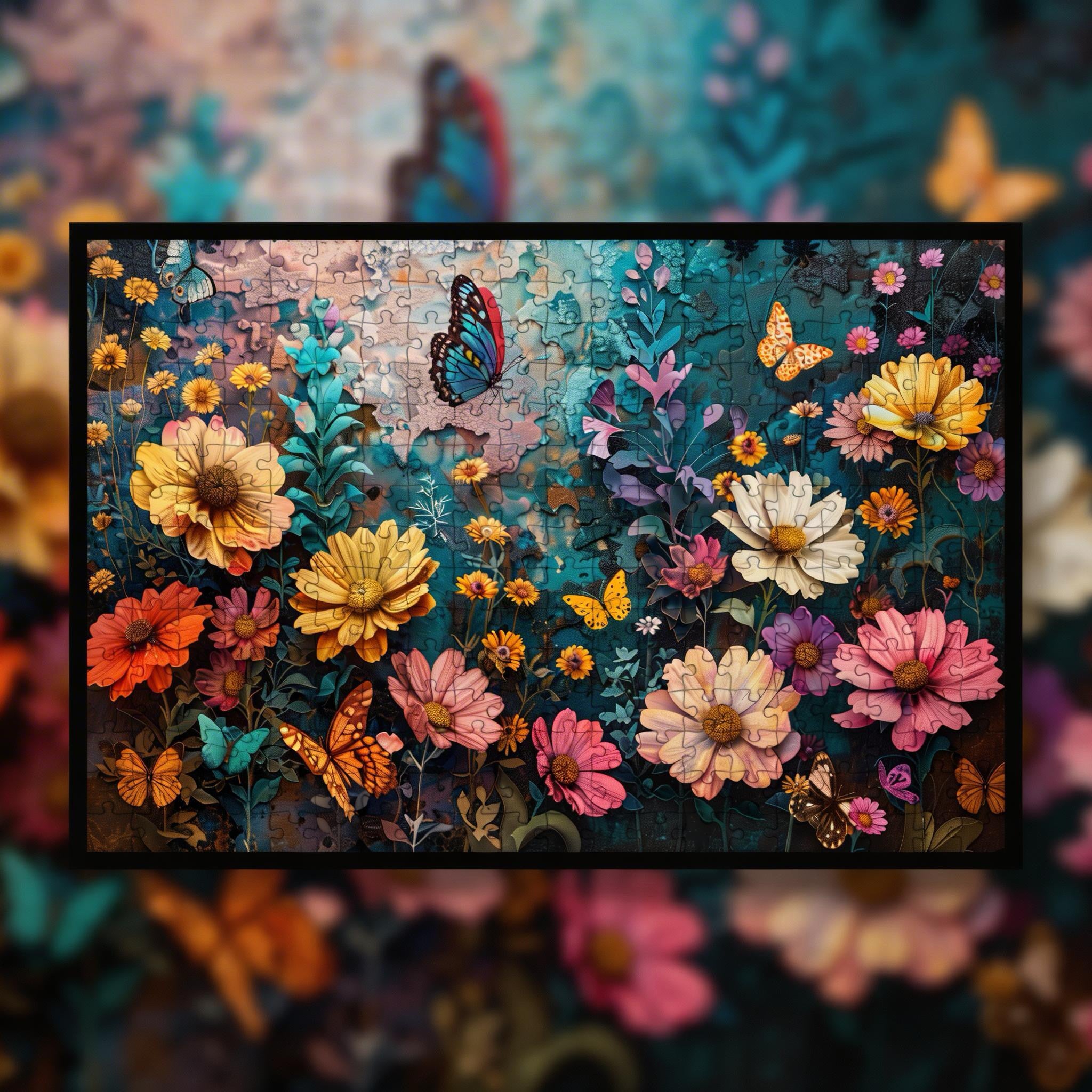 Vintage Butterfly & Wildflower Wooden Jigsaw Puzzle - Textured Floral Wood Puzzle for Adults