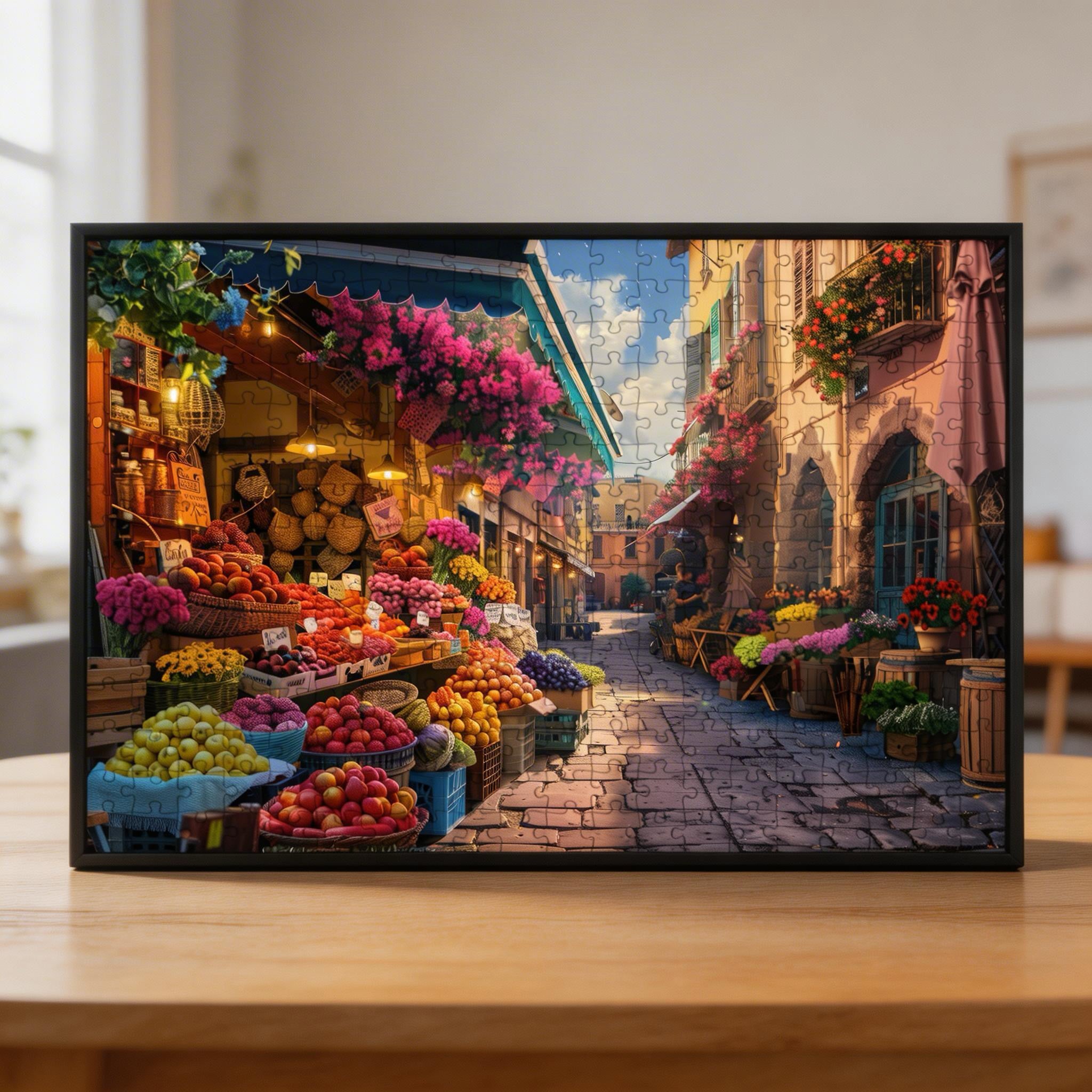Vintage European Market Street Wooden Jigsaw Puzzle - Floral Produce Stall Wood Puzzle
