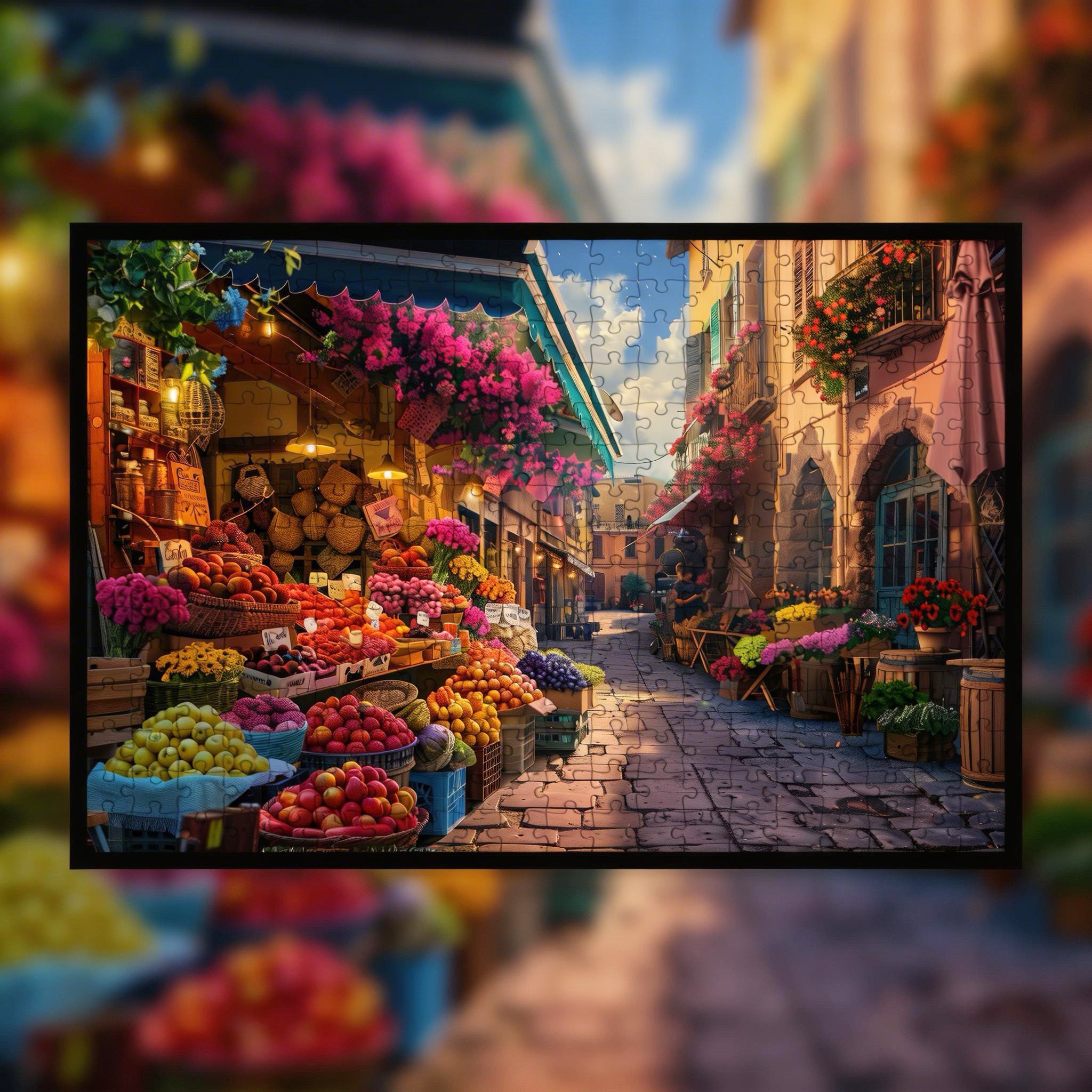 Vintage European Market Street Wooden Jigsaw Puzzle, Framed Floral Produce Stall Wall Art