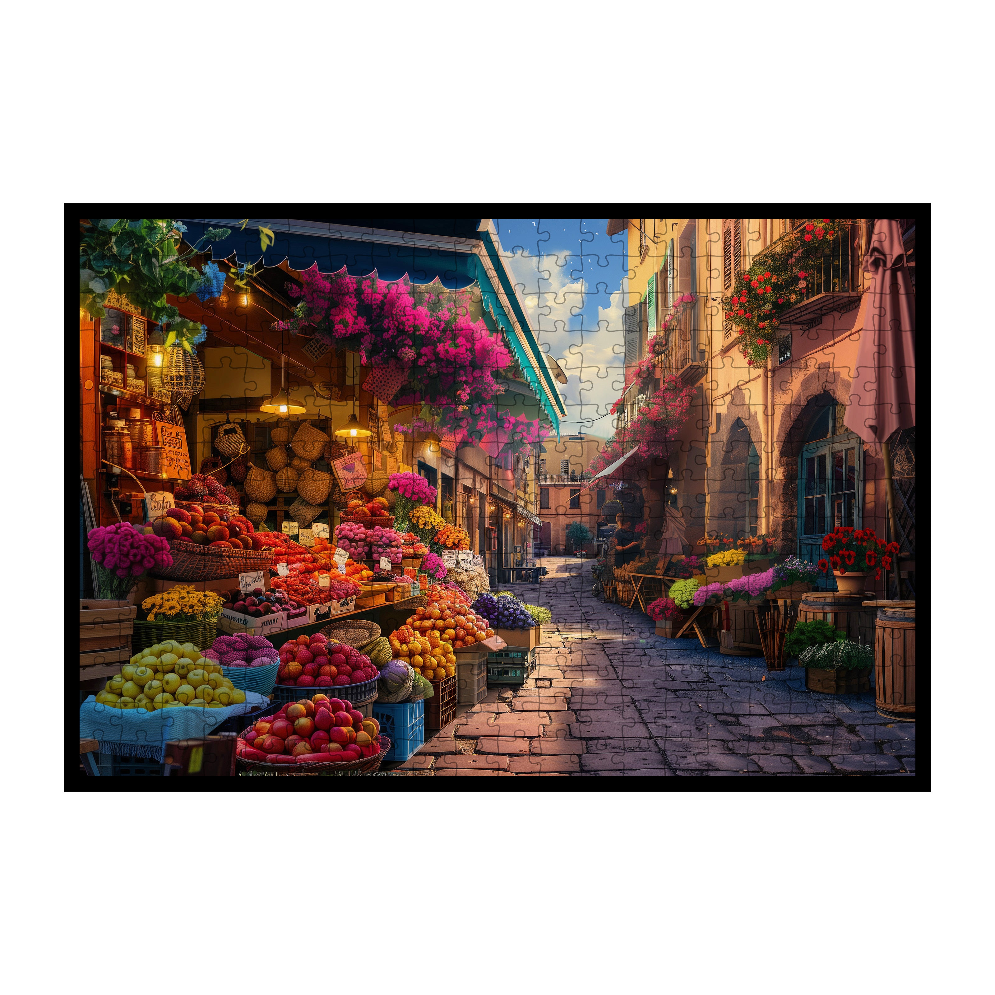 Vintage European Market Street Wooden Jigsaw Puzzle, Framed Floral Produce Stall Wall Art