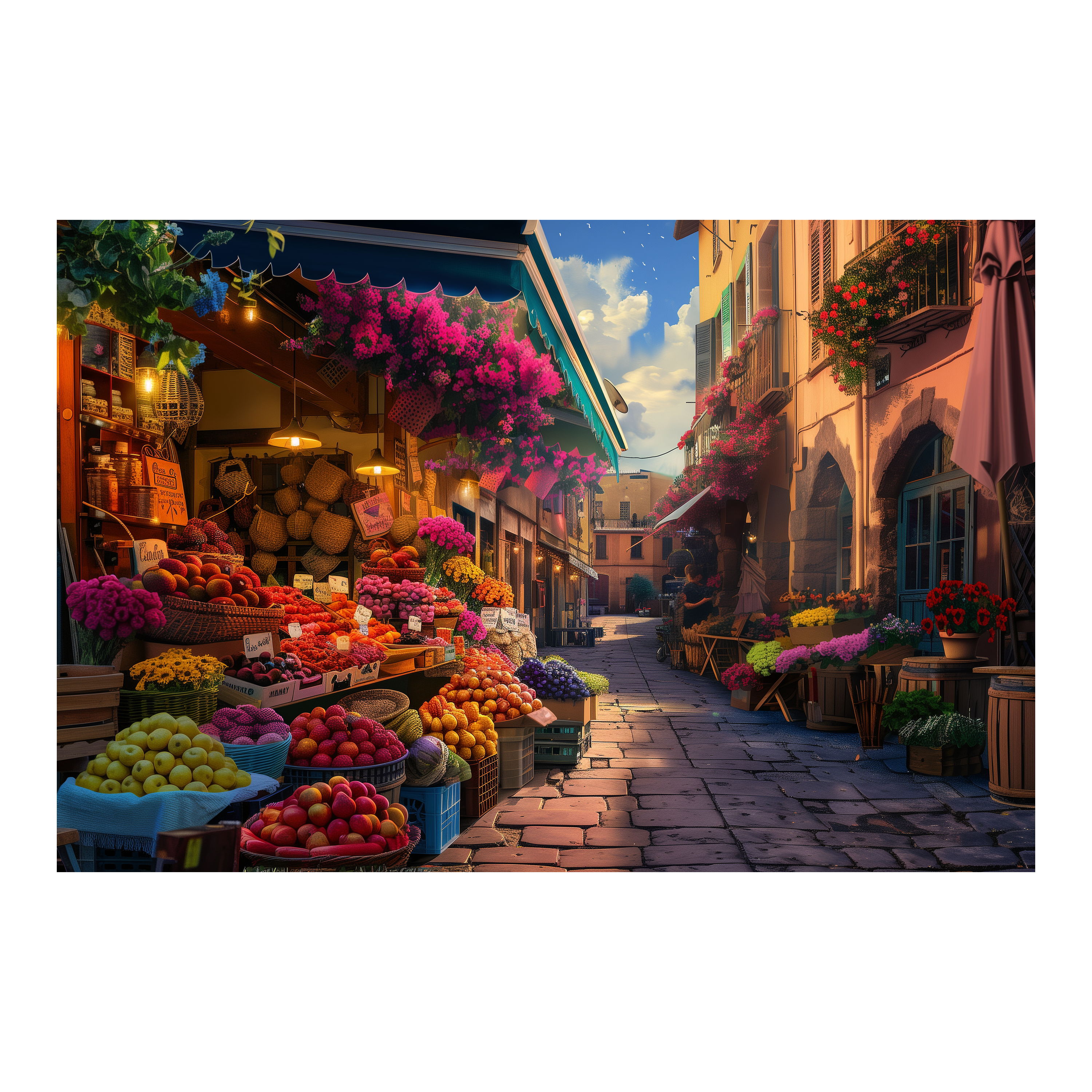 Vintage European Market Street Wooden Jigsaw Puzzle, Framed Floral Produce Stall Wall Art