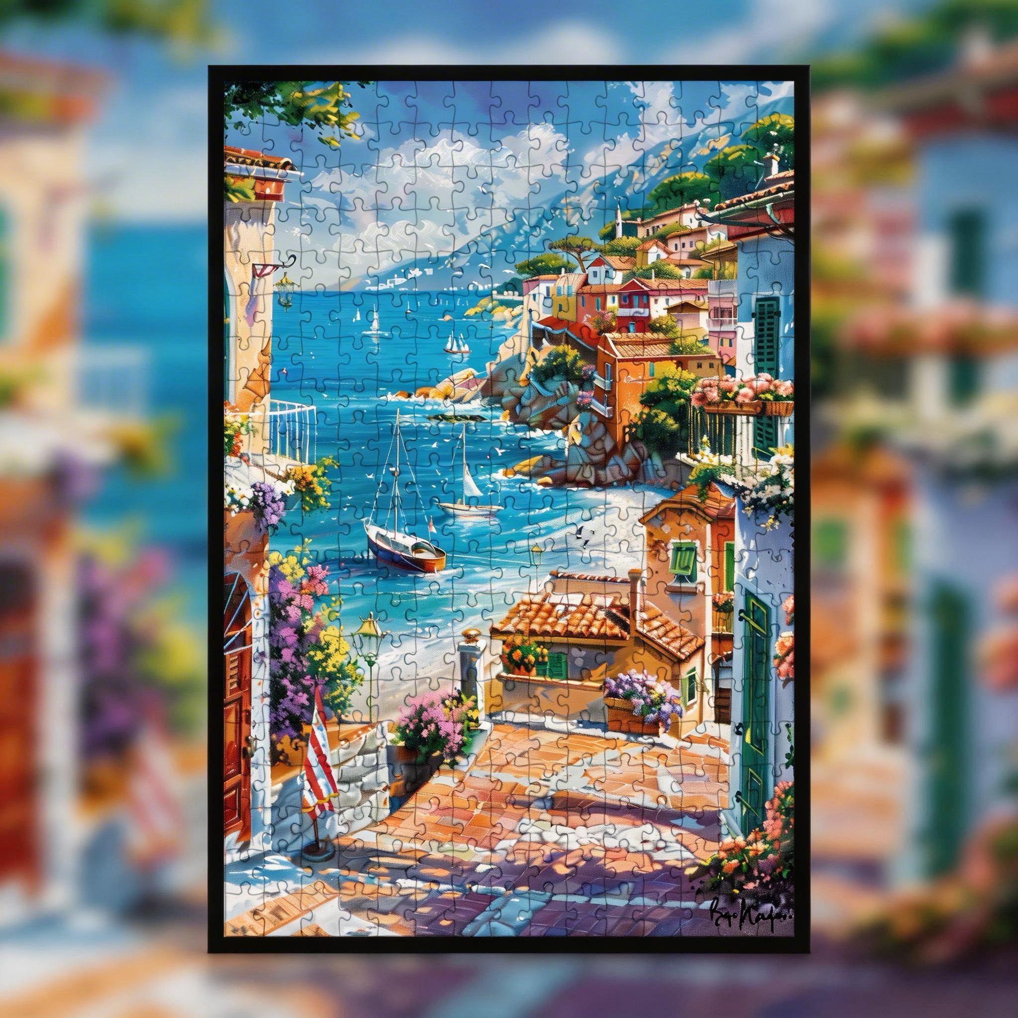 Vintage Italian Coastal Town Wooden Jigsaw Puzzle, Framed Seaside Cottage Wall Art