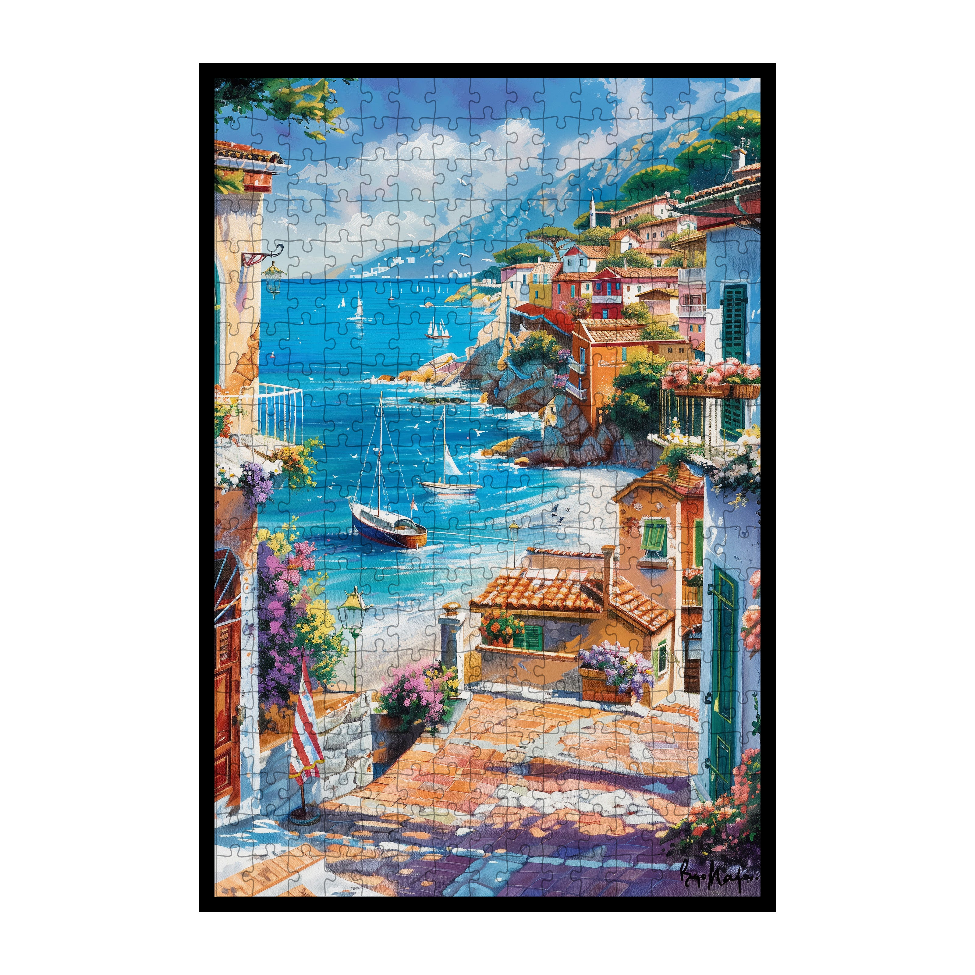 Vintage Italian Coastal Town Wooden Jigsaw Puzzle, Framed Seaside Cottage Wall Art