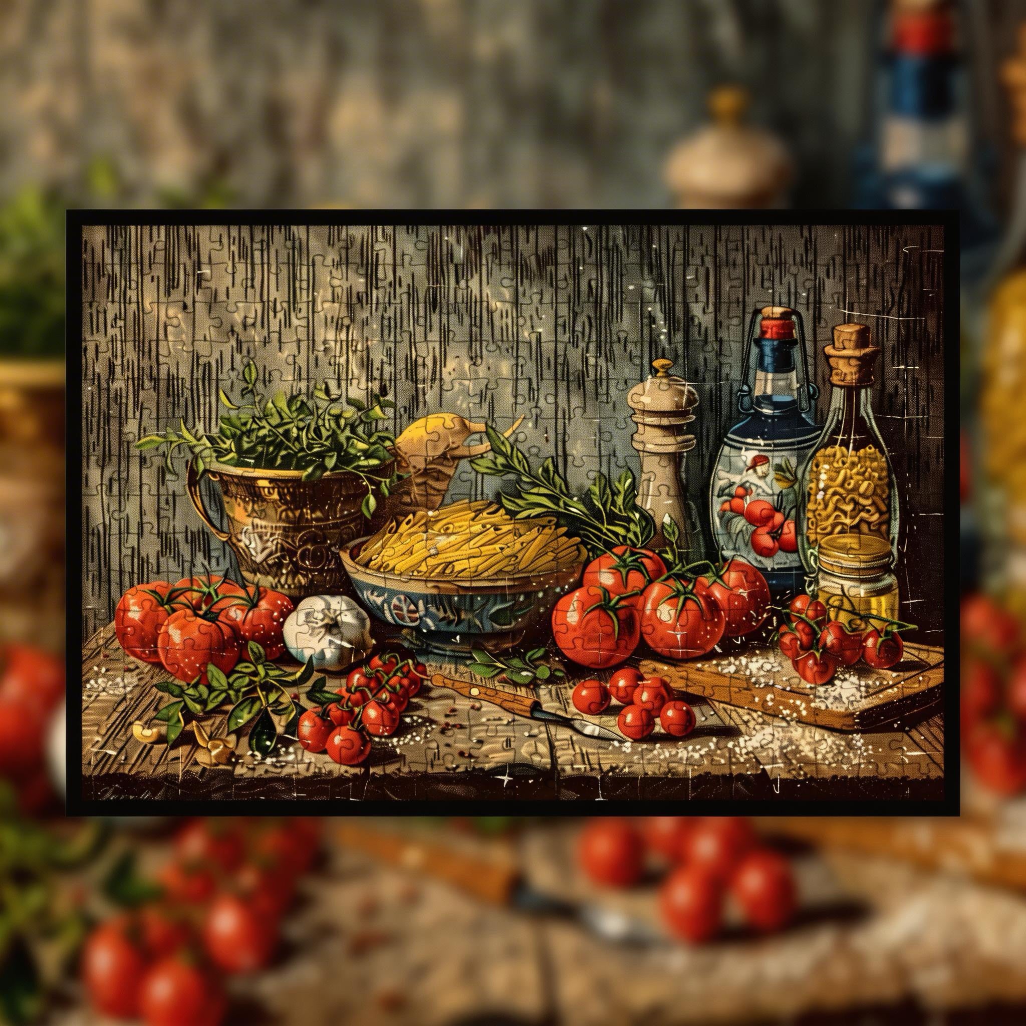 Vintage Italian Pasta Kitchen Wooden Jigsaw Puzzle Framed, Rustic Pantry Wall Decor