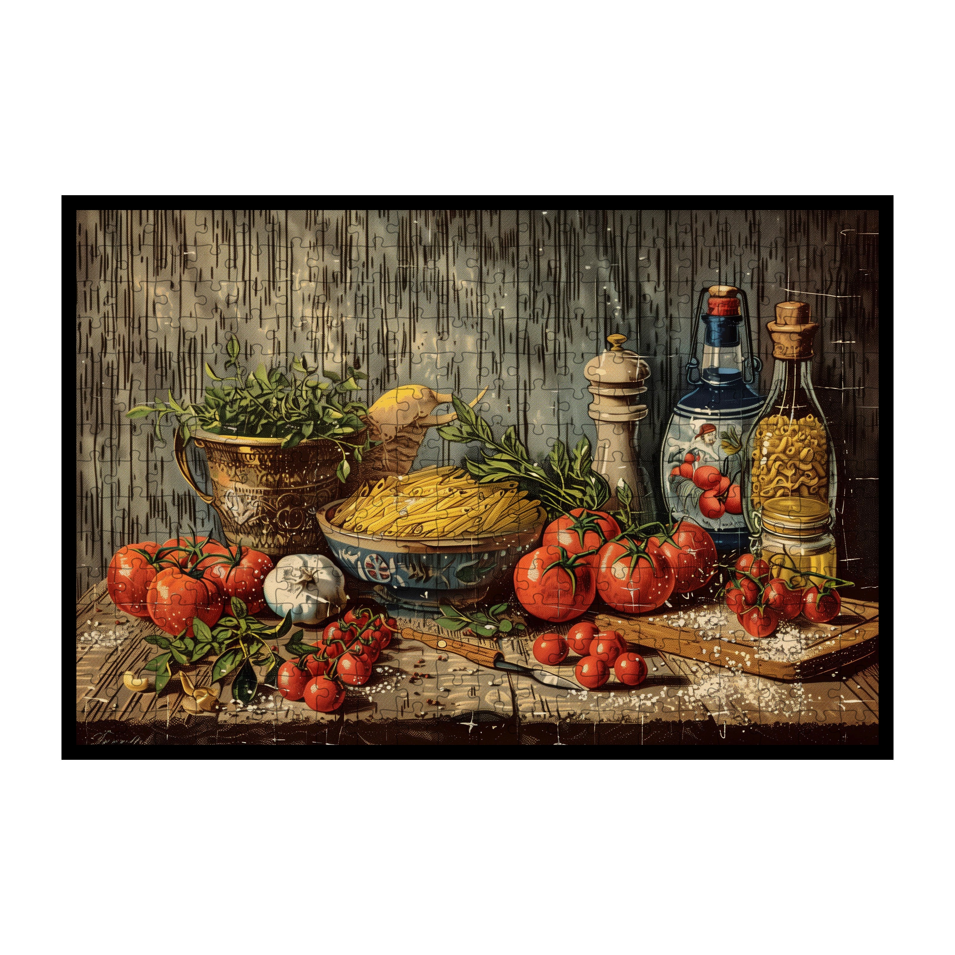 Vintage Italian Pasta Kitchen Wooden Jigsaw Puzzle Framed, Rustic Pantry Wall Decor