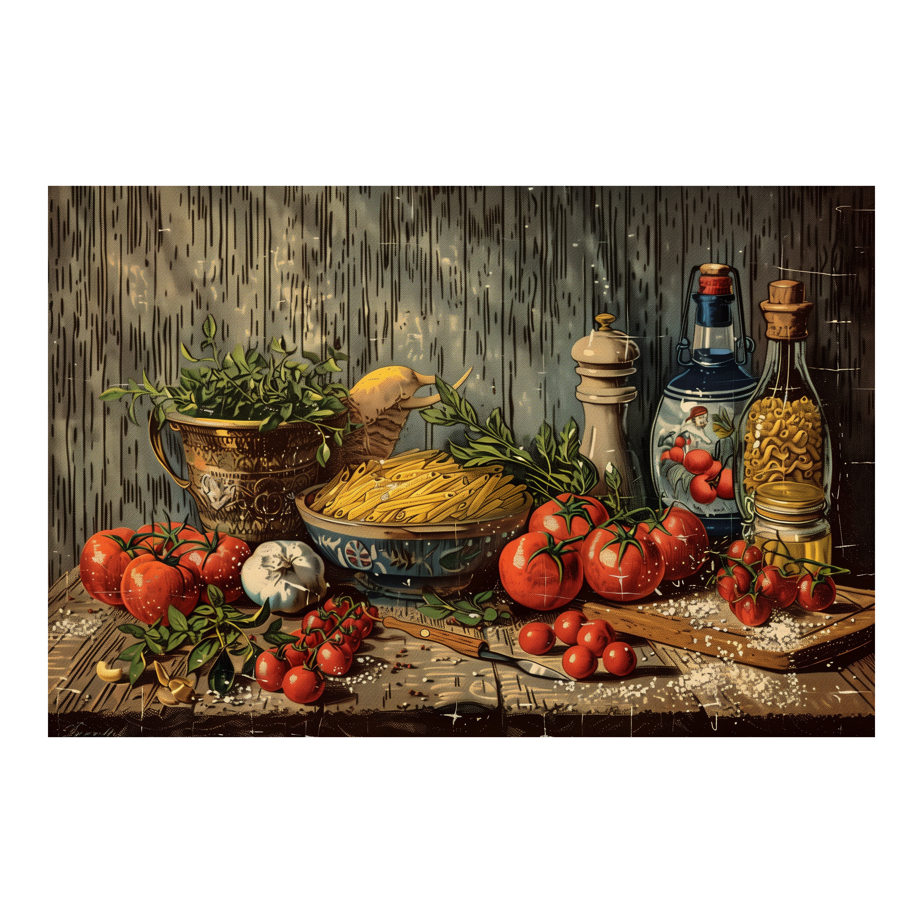 Vintage Italian Pasta Kitchen Wooden Jigsaw Puzzle Framed, Rustic Pantry Wall Decor