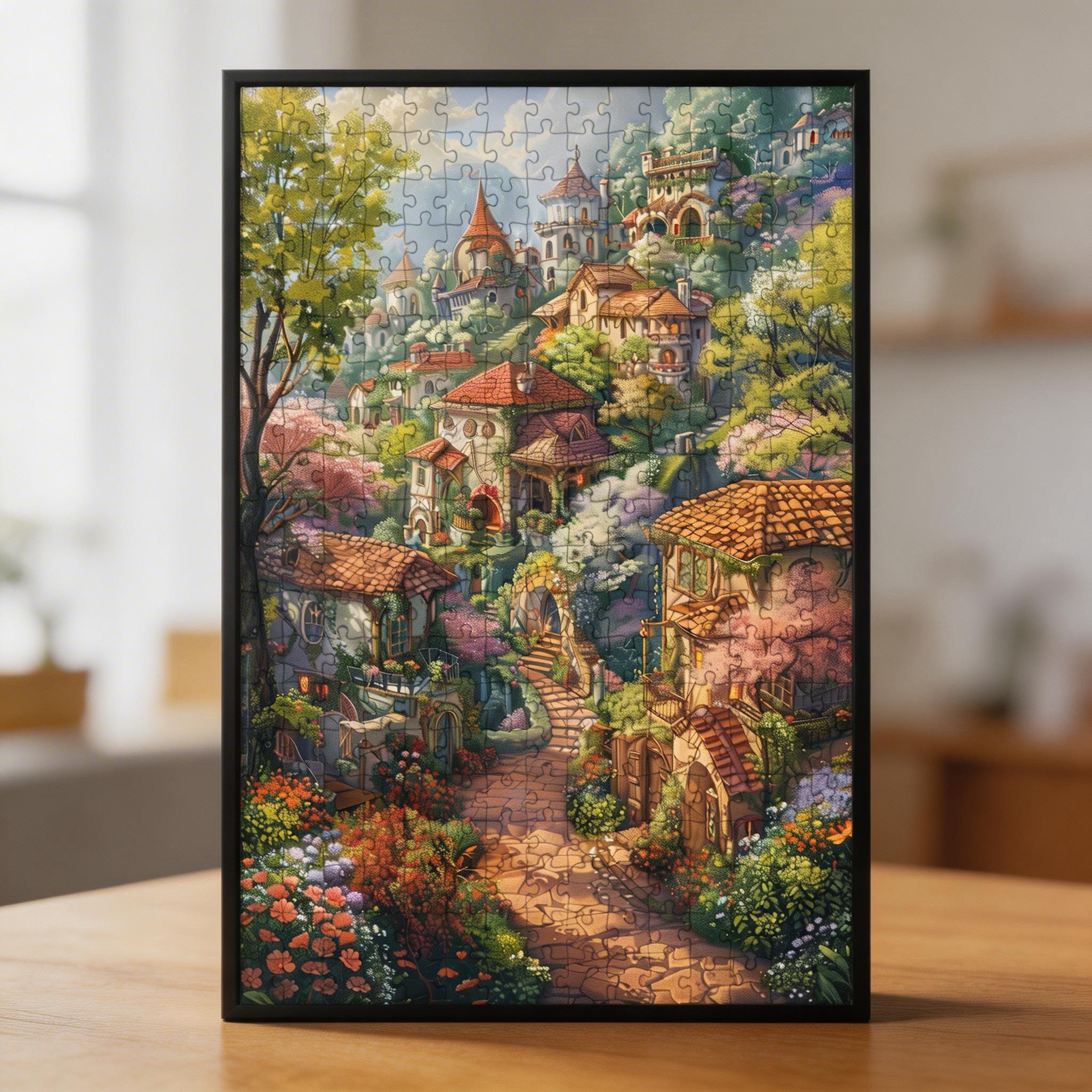 Vintage Storybook Hill Town Wooden Jigsaw Puzzle - Framed Castle Cottage Wood Puzzle